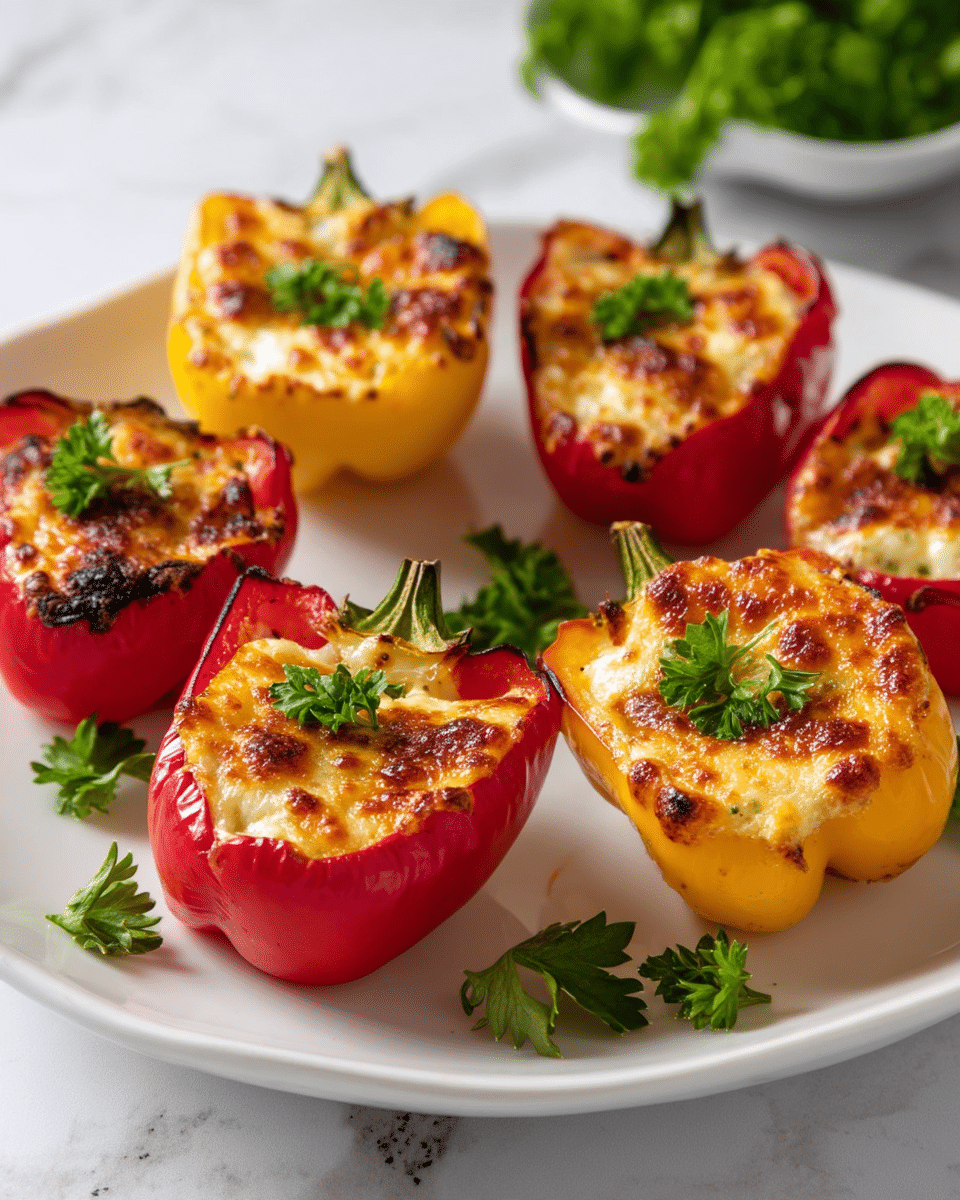 The image shows a white plate holding six stuffed mini bell peppers cut in half lengthwise. There are three red peppers and three yellow peppers. Each pepper half is filled with a creamy, golden-brown cheese mixture that looks slightly charred on top, giving a crispy texture. Small green parsley leaves are placed on top of some peppers and a few are scattered on the plate for garnish. The plate sits on a white marbled surface with a bowl of green parsley blurry in the background. photo taken with an iphone --ar 4:5 --v 7
