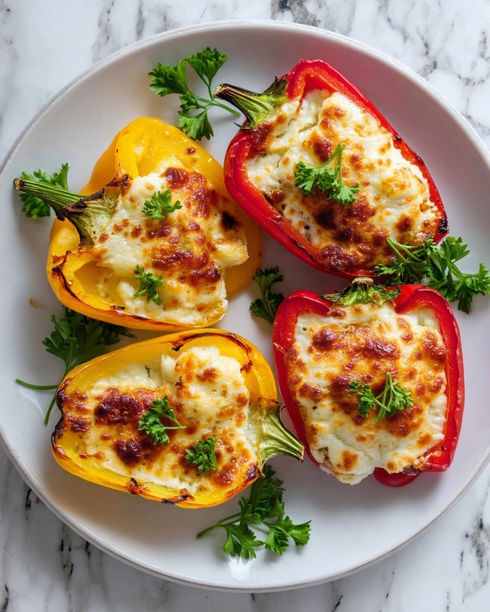The image shows a white round plate with five stuffed pepper halves. There are two yellow peppers and three red peppers, all cut in half vertically with green stems on some. Each pepper half is filled with a creamy white cheese topping that is golden brown and slightly crispy on top. Small green parsley leaves garnish each filled pepper half, adding a touch of freshness. The plate is set on a white marbled surface. photo taken with an iphone --ar 4:5 --v 7