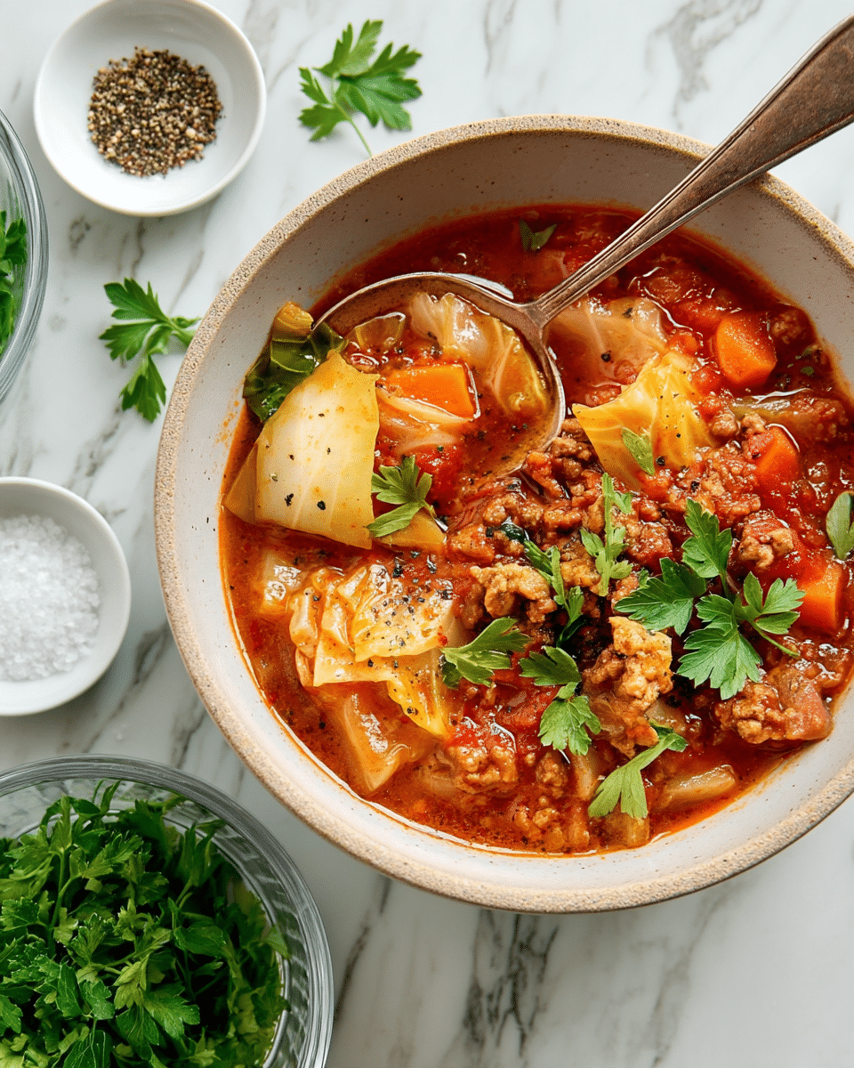 A beige bowl filled with a chunky tomato-based soup that has three main layers: the bottom layer is a rich red broth, the middle layer consists of large, soft pieces of light yellow cabbage and orange carrots, and the top layer shows browned ground meat and bright green parsley leaves scattered on top. A silver spoon rests inside the bowl, lifting a piece of cabbage and parsley. Around the bowl, there are small white dishes with black pepper and white salt, and a glass bowl with more fresh green parsley, all placed on a white marbled surface. Photo taken with an iphone --ar 4:5 --v 7