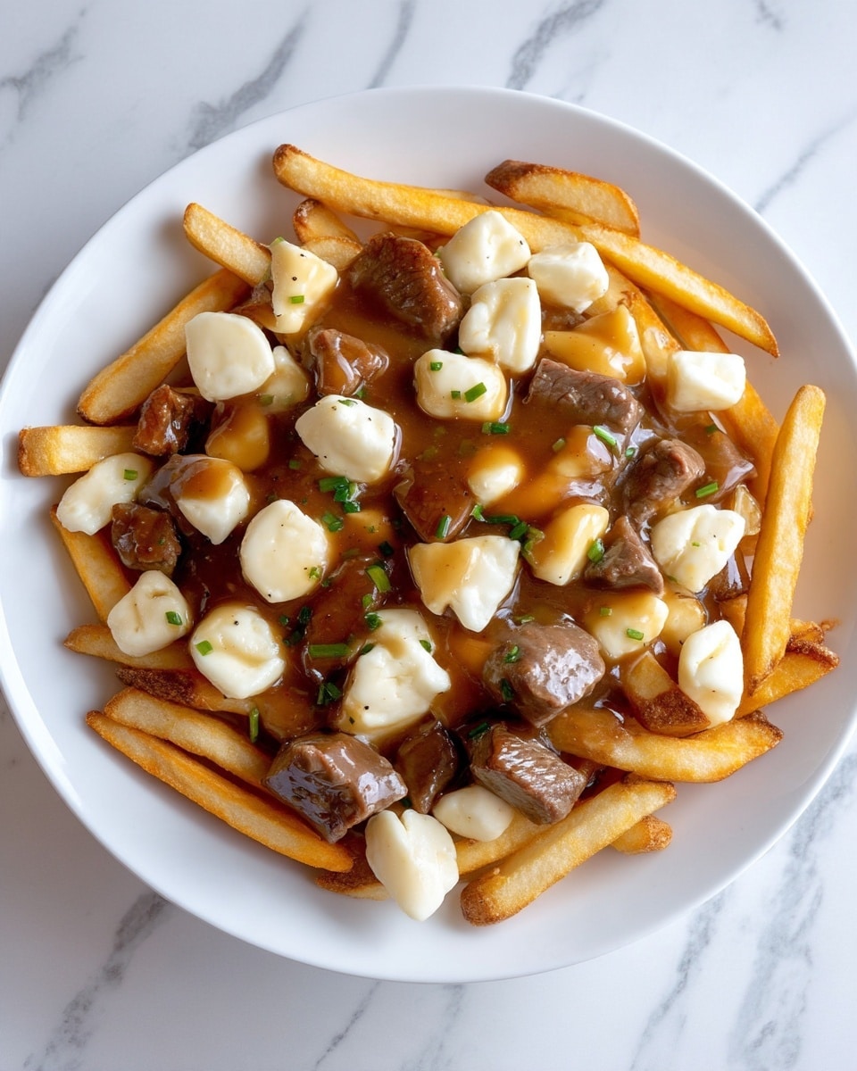 A white plate holds a dish with three visible layers: the bottom layer is golden-brown French fries arranged unevenly, the middle layer has scattered white cheese curds that look soft and semi-melted, and the top layer consists of a shiny, thick greyish-brown gravy covering the fries and cheese in the center, with chunks of tender meat mixed in. Small green pieces of chopped herbs are sprinkled atop the gravy, adding a touch of color. The background is a white marbled surface. Photo taken with an iphone --ar 4:5 --v 7