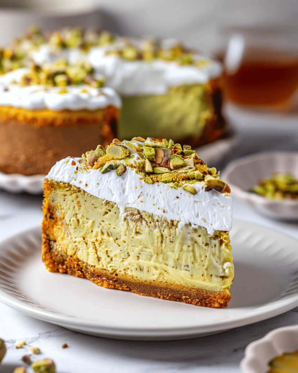 A slice of three-layered pistachio cheesecake is shown on a white plate with a subtle ridged edge, set on a white marbled surface. The bottom layer is a thick, crumbly golden-brown crust, supporting a dense, creamy pale green pistachio filling in the middle. On top, there is a fluffy white whipped cream layer that is thick and smooth. The whipped cream is sprinkled with a handful of chopped green and brown pistachio nuts, adding a crunchy texture and vibrant color contrast. In the background, a larger whole cheesecake and some bowls with nuts and honey are out of focus. Photo taken with an iphone --ar 4:5 --v 7