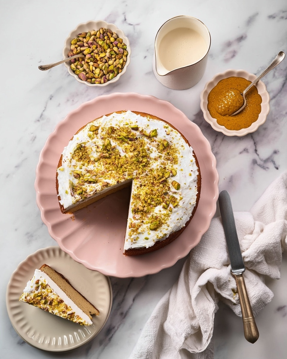 A round cake with one slice cut out sits on a pale pink plate with scalloped edges, showing two layers of light brown cake and a thick white cream layer on top, sprinkled with chopped green and brown pistachios. Three slices are arranged next to the main cake. Surrounding the cake are small white scalloped bowls: one filled with whole pistachios, another with crushed pistachios, and a third holding a thick mustard-yellow spread with a silver spoon resting inside. A white jug with a curved spout is placed nearby, and a silver-handled knife lies beside the cake on the plate. All items are set on a white marbled surface with a white cloth loosely folded to one side. photo taken with an iphone --ar 4:5 --v 7
