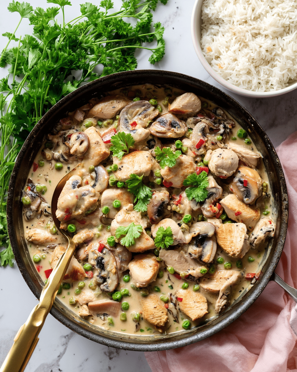 The image shows a skillet filled with a creamy dish made of light brown cooked chicken pieces, sliced mushrooms with dark brown edges, small green peas, and bits of red pepper, all mixed in a thick creamy sauce with a beige color. The skillet has a golden spoon resting inside it, slightly covered by the food. Next to the skillet, on a white marbled surface, is a white bowl filled with white fluffy rice. There is also a bunch of fresh green parsley placed near the bowl, and a soft pink cloth napkin is partly visible at the bottom right corner. photo taken with an iphone --ar 4:5 --v 7