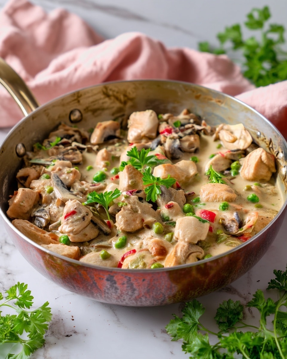 A close-up view of a copper pan filled with creamy chicken stroganoff. The dish has several layers including light tan chunks of cooked chicken, dark brown and beige slices of mushrooms, small bright green peas, and bits of red bell pepper, all mixed together in a thick light beige sauce. Sprigs of fresh green parsley are scattered on top, adding a fresh color contrast. The pan is on a white marbled surface, with some parsley leaves lying nearby and a soft pink cloth in the background. Photo taken with an iphone --ar 4:5 --v 7
