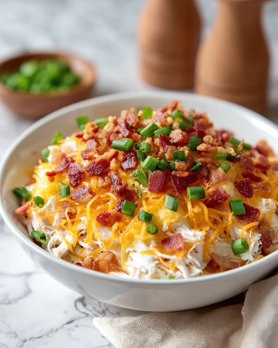 A close-up photo shows a white bowl filled with a layered dish. The bottom layer is shredded white chicken, topped with a melted yellow-orange cheese layer that is uneven and looks creamy. Scattered over the cheese are small pieces of crushed red bacon and finely chopped green onions, adding a mix of red and green color and a crisp texture. The bowl rests on a white marbled surface with a beige cloth and wooden objects nearby. photo taken with an iphone --ar 4:5 --v 7