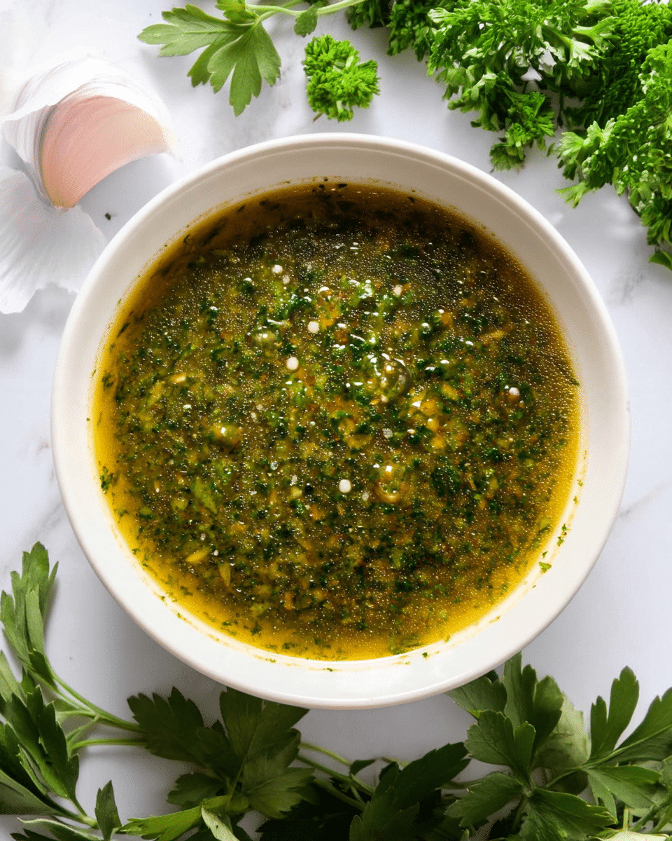 A white bowl filled with a green sauce that has a slightly thick, grainy texture, showing tiny bits of herbs and spices evenly mixed throughout. The surface of the sauce has small bubbles and a slight shine from oil. Around the bowl on a white marbled texture are fresh green herbs, garlic cloves, and garlic skin, adding a fresh and natural touch to the scene. Photo taken with an iphone --ar 4:5 --v 7