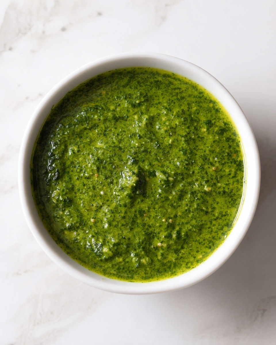 A round white bowl filled with a single layer of green pesto sauce that has a slightly chunky texture with visible small bits of herbs and nuts. The surface shows a glossy shine with some oil pooling in small drops, giving it a slick appearance. The bowl is placed on a white marbled textured surface, adding a clean and bright backdrop to the green sauce. photo taken with an iphone --ar 4:5 --v 7