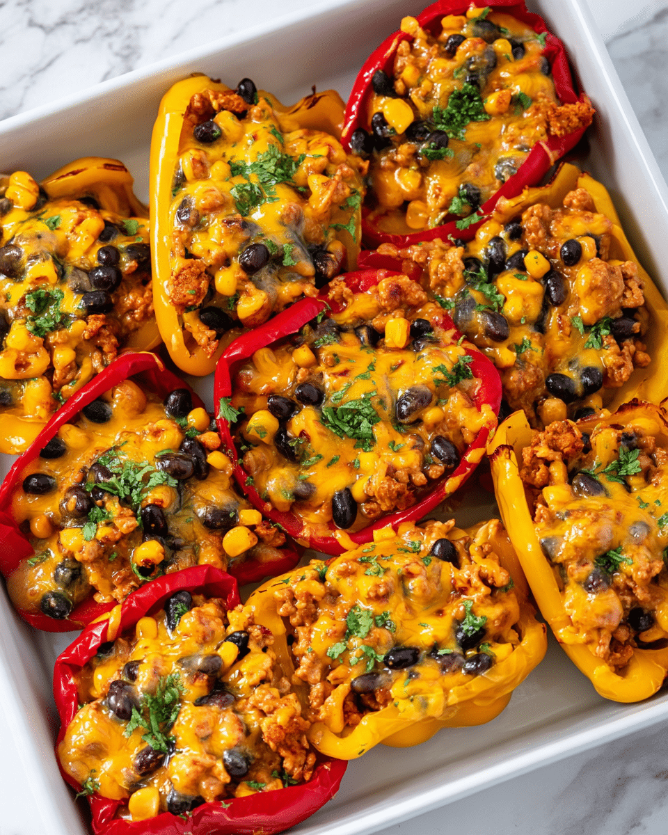 The image shows stuffed bell peppers arranged in a white tray on a white marbled surface. Each pepper is halved lengthwise and filled with a colorful mixture of cooked ground meat or cauliflower, black beans, and bright yellow corn kernels. The filling is richly covered with melted golden cheddar cheese, giving a glossy, gooey texture on top. The peppers are both red and yellow, with their smooth, shiny skin acting as a vibrant base holding the filling. Small green herb sprinkles are scattered over the filling, adding a touch of freshness and contrast. Photo taken with an iphone --ar 4:5 --v 7