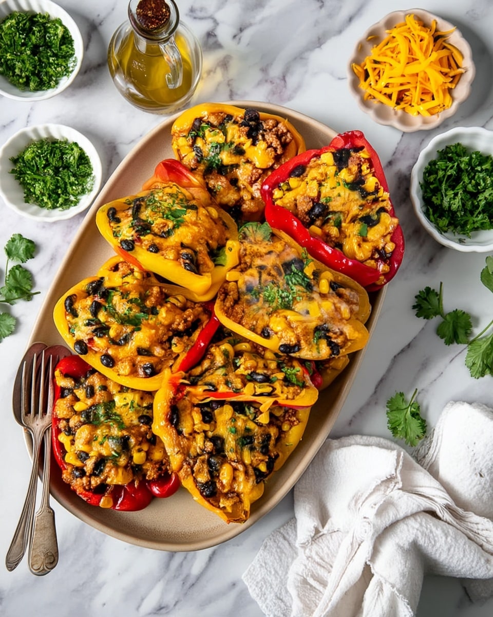 A large white oval plate holds eight stuffed bell pepper halves, four red and four yellow, arranged closely together. Each pepper half is filled with a colorful mixture of yellow melted cheese, black beans, light brown ground meat, and yellow corn kernels, topped with green chopped herbs. The peppers appear soft and slightly roasted, with the cheese melted over the filling. Around the plate on a white marbled surface are small bowls of shredded cheddar cheese, fresh green cilantro leaves, and chopped herbs, along with a glass bottle of olive oil with a cork top. Two vintage silver forks rest on the left side of the plate, and a white cloth napkin with a decorative edge is placed on the right. photo taken with an iphone --ar 4:5 --v 7