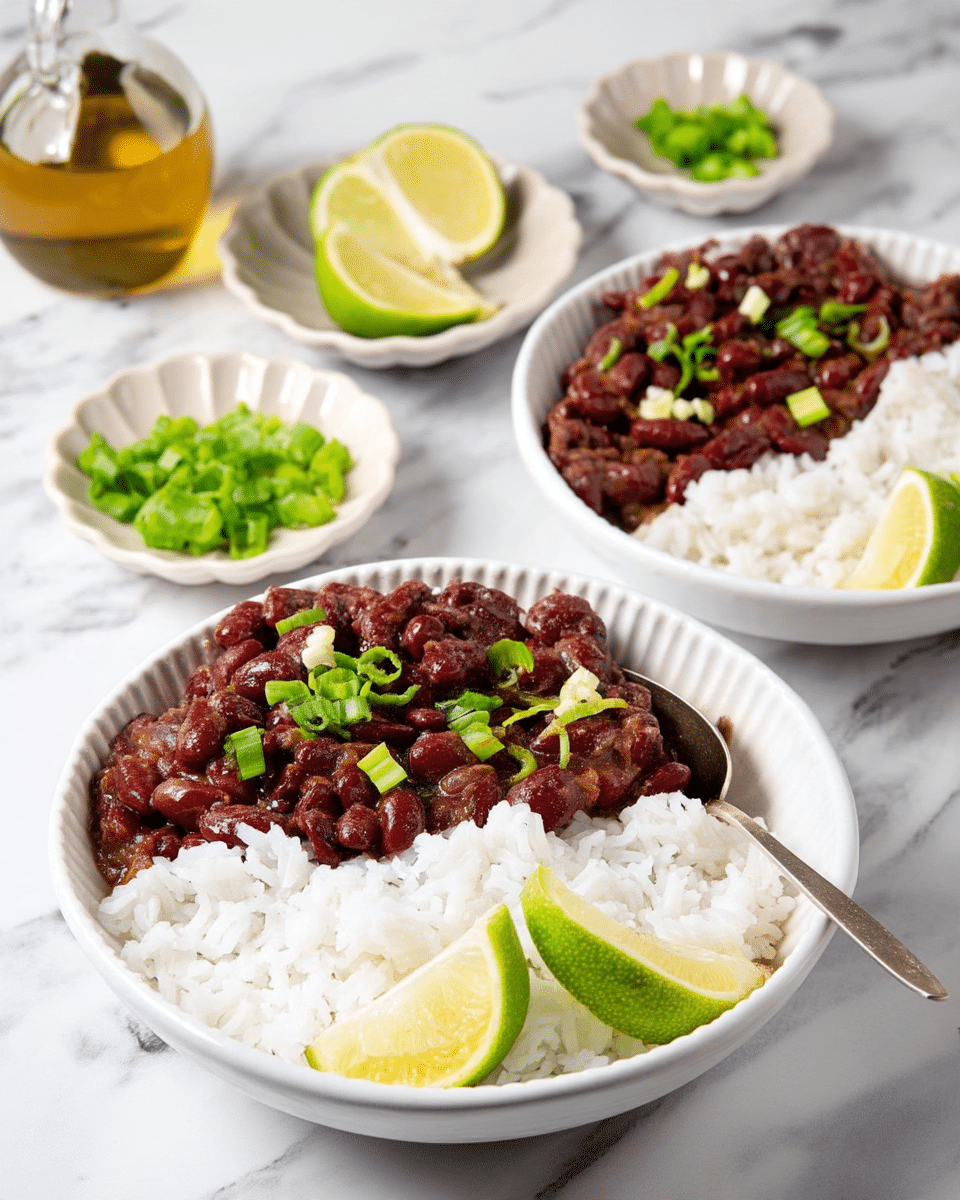 The image shows three white bowls filled with two main layers: one half of each bowl has white fluffy rice, while the other half contains dark red kidney beans cooked in a thick sauce. Each bowl is garnished with small pieces of green chopped scallions on top of the beans and a wedge of lime resting on the side of the rice. A silver spoon is placed inside one of the bowls. In the background, there is a small clear glass bottle with golden olive oil and small white decorative dishes holding extra lime wedges and more chopped scallions, all set on a white marbled surface. photo taken with an iphone --ar 4:5 --v 7