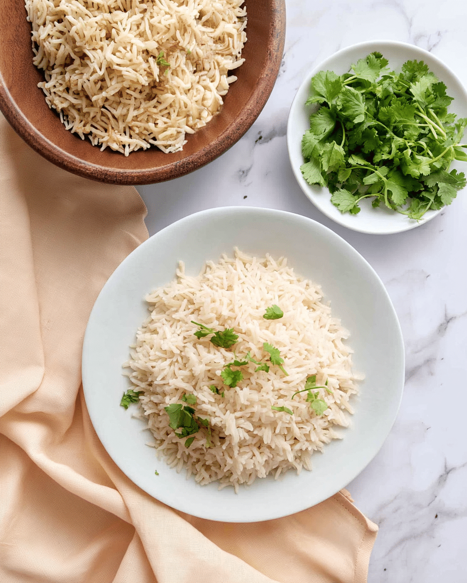 A white plate holds a single layer of cooked rice, light beige in color with soft texture, topped with scattered fresh green cilantro leaves. Above the plate, there is a white bowl with additional cilantro pieces. To the left, a wooden bowl holds more cooked rice garnished with cilantro. The items are placed on a white marbled surface, and a pale peach cloth is folded beside the plate. photo taken with an iphone --ar 4:5 --v 7