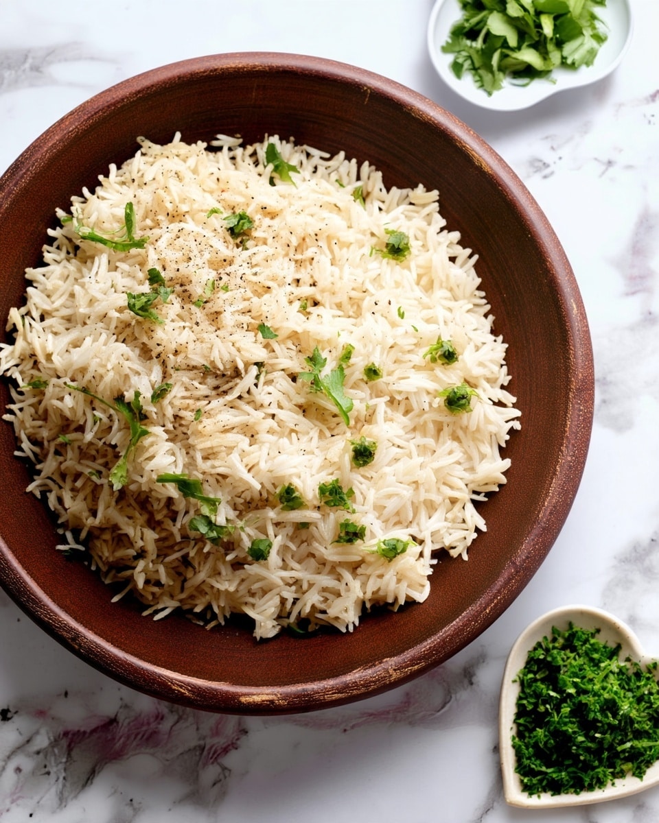 A large round bowl filled with cooked long-grain white rice that looks fluffy and lightly seasoned with black pepper and small green herb leaves scattered on top. The bowl is rustic brown and sits on a white marbled surface. Near the bowl is a small, white heart-shaped dish filled with more chopped green herbs. The image has soft natural light highlighting the texture of the rice and herbs, taken from above. photo taken with an iphone --ar 4:5 --v 7