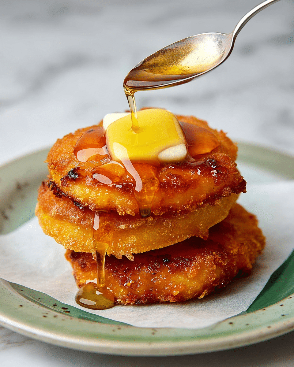 A stack of three golden brown, crispy fried rounds sits on a piece of parchment paper on a white plate with a speckled green rim, placed on a white marbled surface. On top of the stack, there is a melting square of pale yellow butter, with golden syrup being poured over it from a silver spoon, the syrup glistening as it drips down the sides of the fried rounds. The texture of the fried rounds is crunchy and uneven, showing some darker spots of frying. Photo taken with an iphone --ar 4:5 --v 7