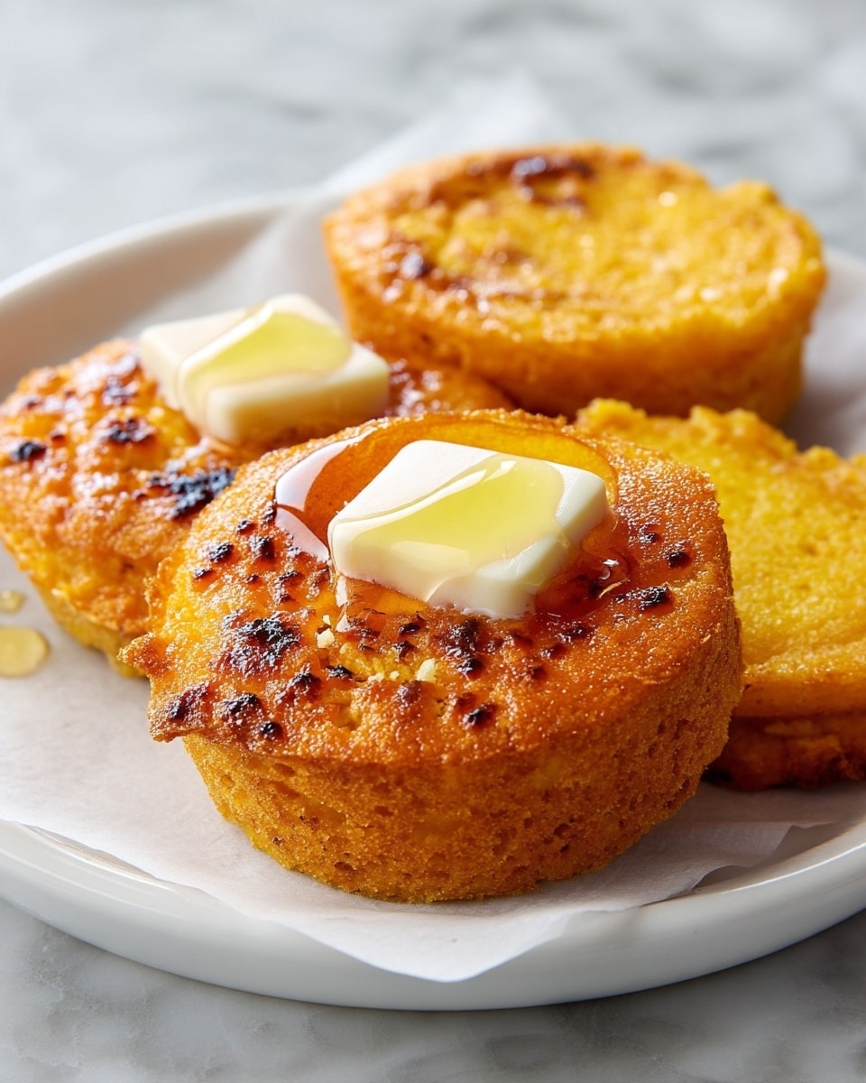 A close-up shot of three golden-brown fried cornbread muffins resting on white parchment paper placed on a white plate. The muffins have a crispy texture with small burnt spots on the edges. The top muffin has a small square of creamy white butter melting slightly, with honey dripping over it, adding a shiny golden layer on the soft, crumbly inside. The background shows a clean white marbled surface. photo taken with an iphone --ar 4:5 --v 7