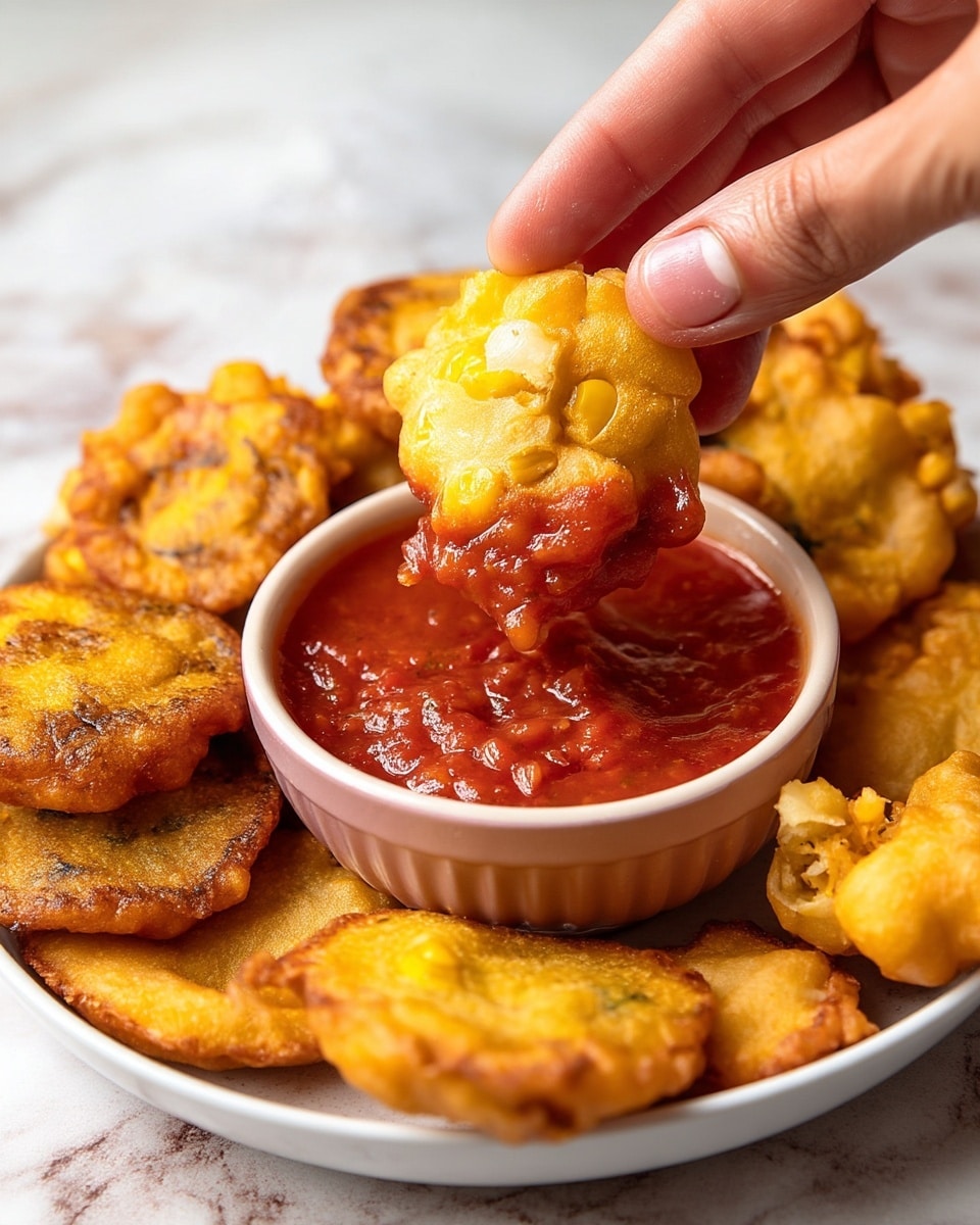 The image shows small golden-brown fried corn fritters with a rough, crispy texture and visible corn kernels inside. In the center, a woman's hand is dipping one fritter into a red chunky tomato sauce inside a white bowl. The fritters are piled around the bowl on a white marbled surface, with their uneven shapes and crunchy edges clearly visible. The sauce coats the bottom part of the fritter in the woman's hand. photo taken with an iphone --ar 4:5 --v 7