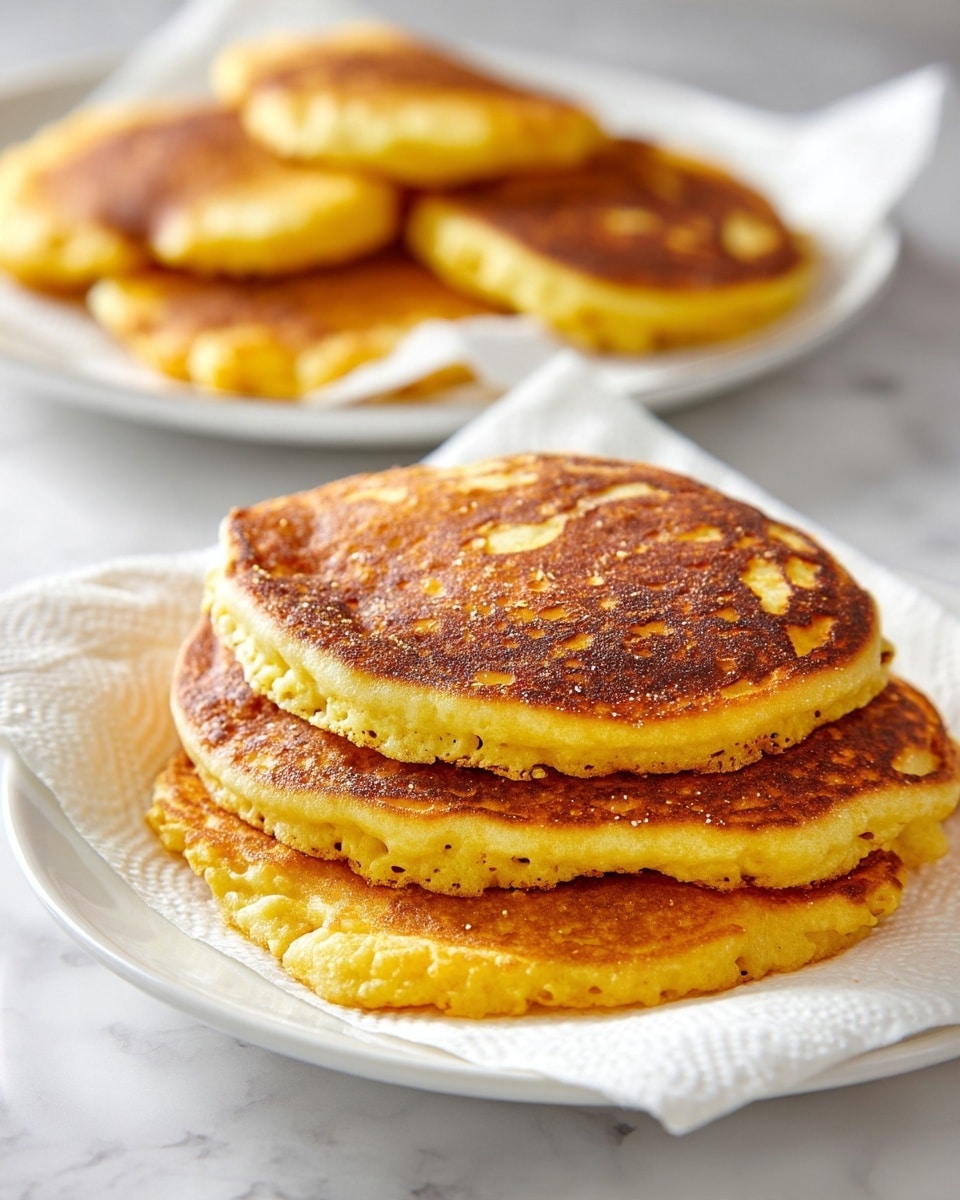 A close-up view of a stack of golden-brown pancakes with a slightly uneven, crispy texture on top and soft yellow inside. There are at least three pancakes layered loosely on a white plate, showing the fluffy thickness and light air pockets in the batter. In the background, more pancakes are slightly blurred, placed on white paper towels on a white marbled surface. The edges are slightly irregular, giving a homemade feel. photo taken with an iphone --ar 4:5 --v 7