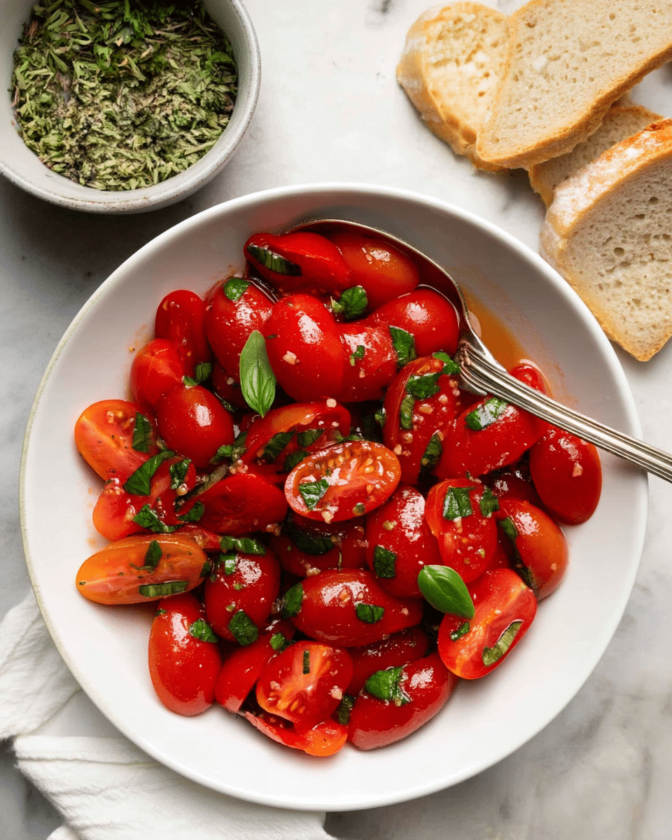 A white bowl filled with cut cherry tomatoes, vibrant red and glossy, mixed with small green basil leaves and chopped herbs, showing a fresh and juicy texture. A silver spoon rests inside the bowl, partially covered by the tomatoes. The bowl sits on a white marbled surface, next to a few pieces of light brown bread with a soft texture. In the background, there is a white bowl filled with finely chopped green herbs. photo taken with an iphone --ar 4:5 --v 7