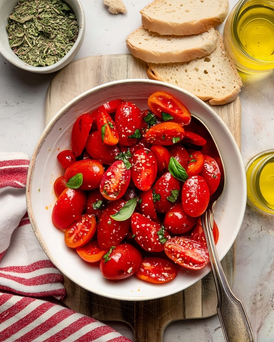 A white bowl filled with bright red grape tomatoes cut in halves forms the main layer, mixed with small green basil leaves and a few traces of seasoning visible on the tomatoes’ shiny, juicy surfaces. A single slice of light brown bread rests against the inside edge of the bowl. A silver spoon lies inside the bowl at the bottom, angled towards the front. The bowl sits on a light wooden cutting board, which is placed on a white marbled surface. Around the bowl, there are three slices of the same light brown bread and some crumbs scattered near a small white bowl filled with dried green herbs on the upper left side. On the lower left is a red and white striped cloth, and on the right edge of the image is a small clear glass container with golden olive oil. Photo taken with an iphone --ar 4:5 --v 7