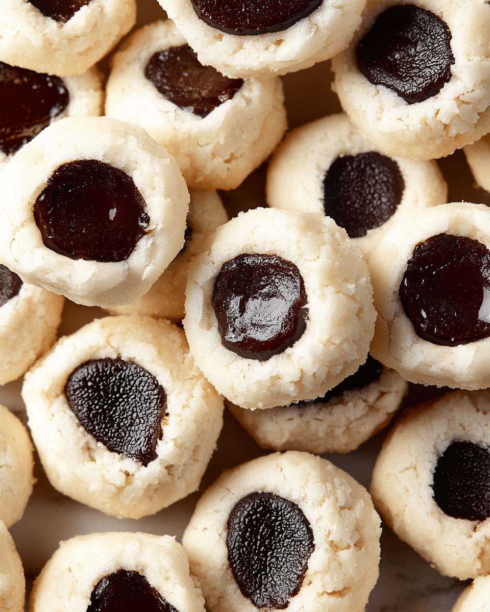 The image shows many small round cookies closely placed together, each cookie has two layers: the outer layer is light, crumbly, and white in color with a soft texture, while the inner center is filled with a shiny, smooth, dark chocolate filling that is almost black in color. The cookies are stacked in a way that some overlap others, filling the whole frame, all set on a white marbled texture background. photo taken with an iphone --ar 4:5 --v 7
