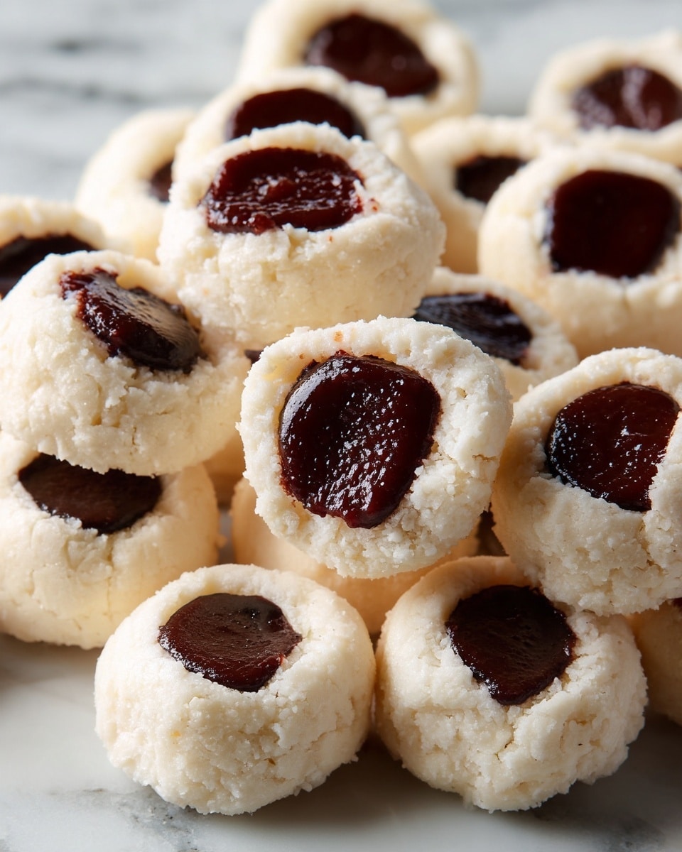 The image shows multiple round treats with two layers, closely grouped together. The outer layer is white, rough, and crumbly with a soft texture. The inner layer in the center is dark brown, smooth, glossy, and slightly sunken, contrasting strongly with the outer layer. The treats are piled on a white marbled surface. photo taken with an iphone --ar 4:5 --v 7