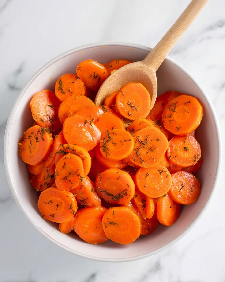 A white bowl filled with bright orange, sliced cooked carrots that are slightly glossy, showing a soft texture. The carrots are sprinkled with small, dark green dill herb pieces evenly on top. A wooden spoon with a smooth finish rests inside the bowl, holding some carrot slices, giving a sense of ready-to-serve freshness. The bowl is placed on a white marbled surface, adding a clean and simple background. Photo taken with an iphone --ar 4:5 --v 7