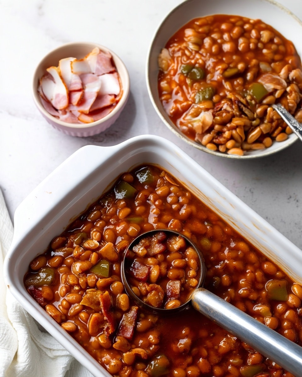 A close-up view of three dishes on a white marbled surface: the main dish is a white rectangular ceramic baking dish filled with shiny, thick baked beans in a rich brown sauce with visible green bell pepper pieces and small chunks of bacon. A metal ladle is partially dipped into the beans, lifting some of them. Behind it, there is a white round bowl also filled with the same baked beans. To the left of this bowl, a small white bowl holds pinkish sliced bacon pieces with a slightly browned edge. A soft white cloth is partially visible at the bottom left corner. Photo taken with an iphone --ar 4:5 --v 7