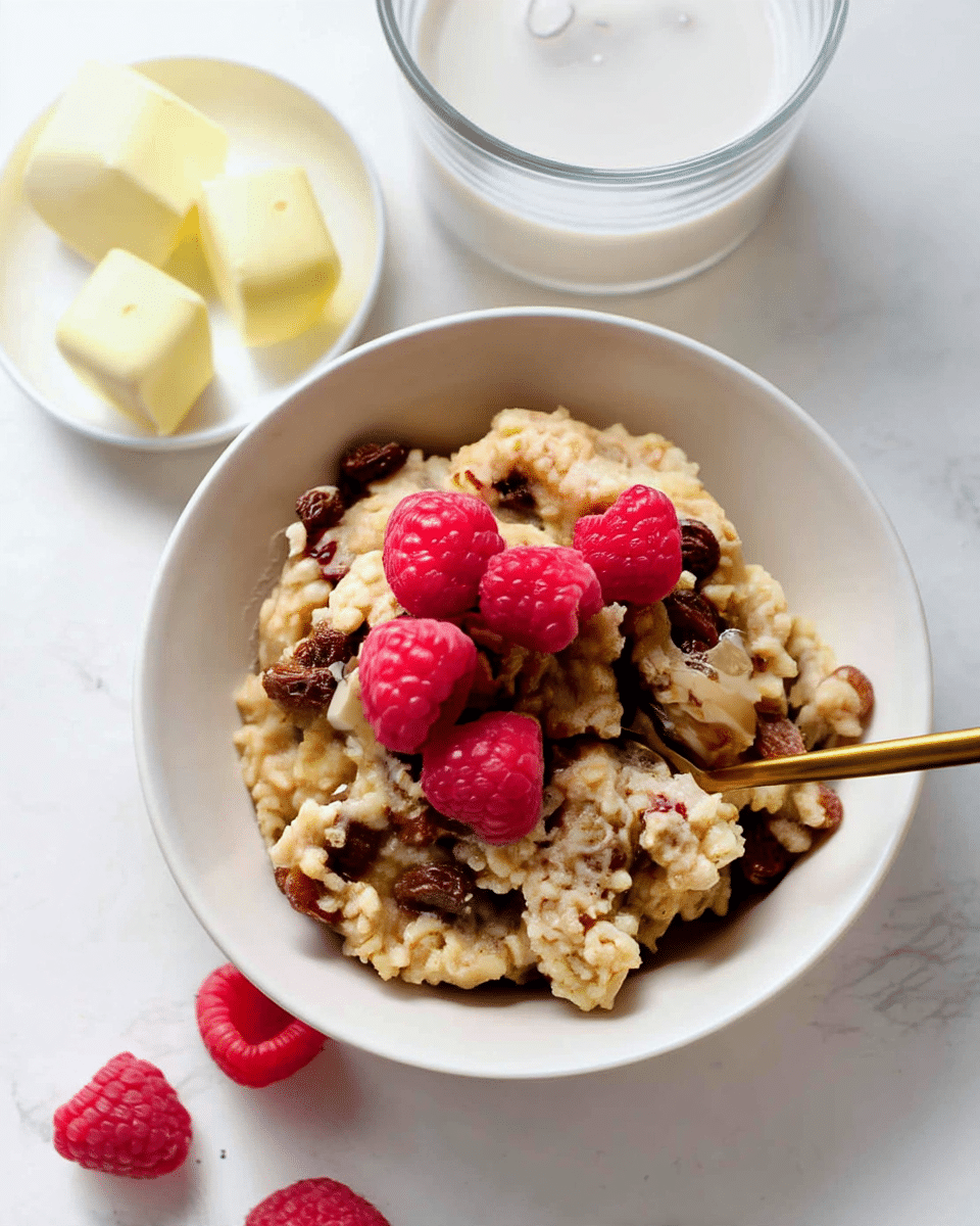 A white bowl filled with a thick, creamy oatmeal mixed with dark brown raisins, creating a textured look with soft beige and dark brown colors, topped with five bright red raspberries that add a fresh pop of color; a gold spoon is partially inserted on the right side of the oatmeal, and a few loose raspberries are placed on the white marbled texture surface around the bowl; in the background, there is a small white dish with two cubes of light yellow butter and a clear glass bowl filled with a white liquid, all set on a clean white marbled texture. photo taken with an iphone --ar 4:5 --v 7