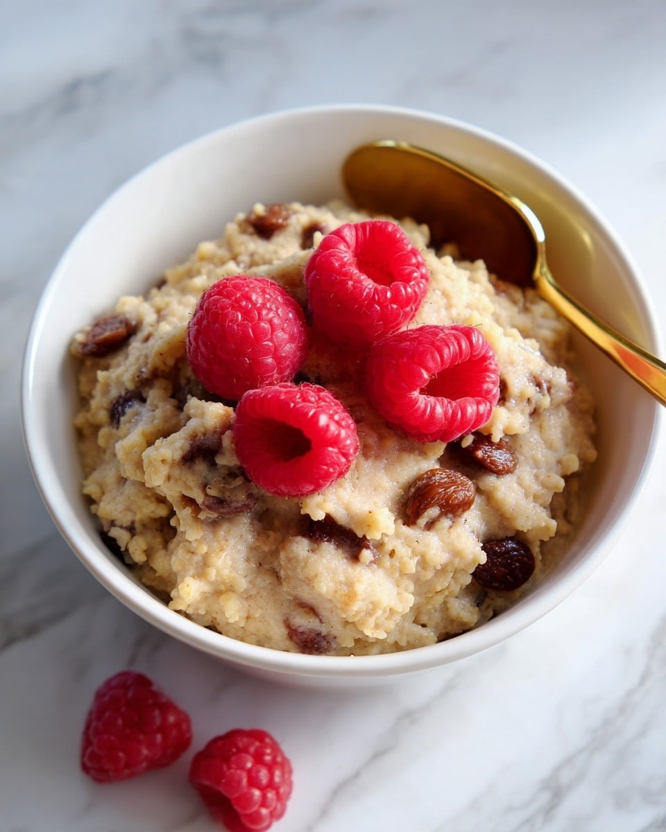 A close-up of a white bowl filled with a creamy beige textured cereal or porridge mixed with dark brown raisins showing throughout, topped with five bright red fresh raspberries placed on top in the middle. A gold spoon is partially visible on the right side of the bowl. Two extra raspberries are on the white marbled surface below the bowl. The lighting is soft and natural. Photo taken with an iphone --ar 4:5 --v 7