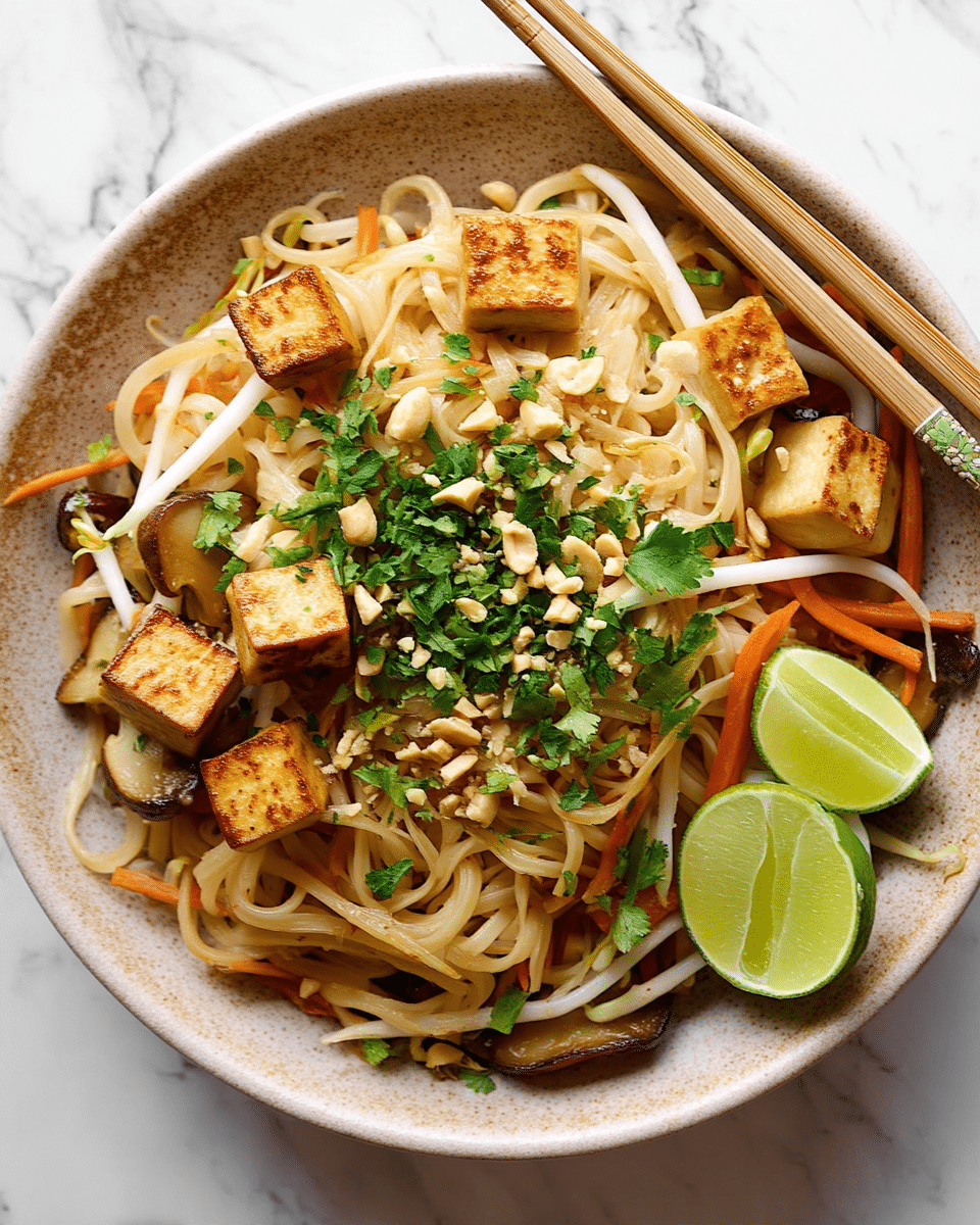 A light brown bowl filled with stir-fried noodles forms the base layer, showing a glossy texture and pale cream color with some orange carrot strips and light beige bean sprouts mixed throughout. On top, medium brown sautéed mushroom slices and golden brown fried tofu cubes are scattered evenly, adding texture and color contrasts. Bright green chopped herbs and crushed peanuts are sprinkled over the dish, adding a fresh touch. Two green lime wedges sit on the side of the noodles, ready to be squeezed, while a pair of light brown wooden chopsticks rest on the edge of the bowl. The bowl is placed on a white marbled surface. Photo taken with an iphone --ar 4:5 --v 7
