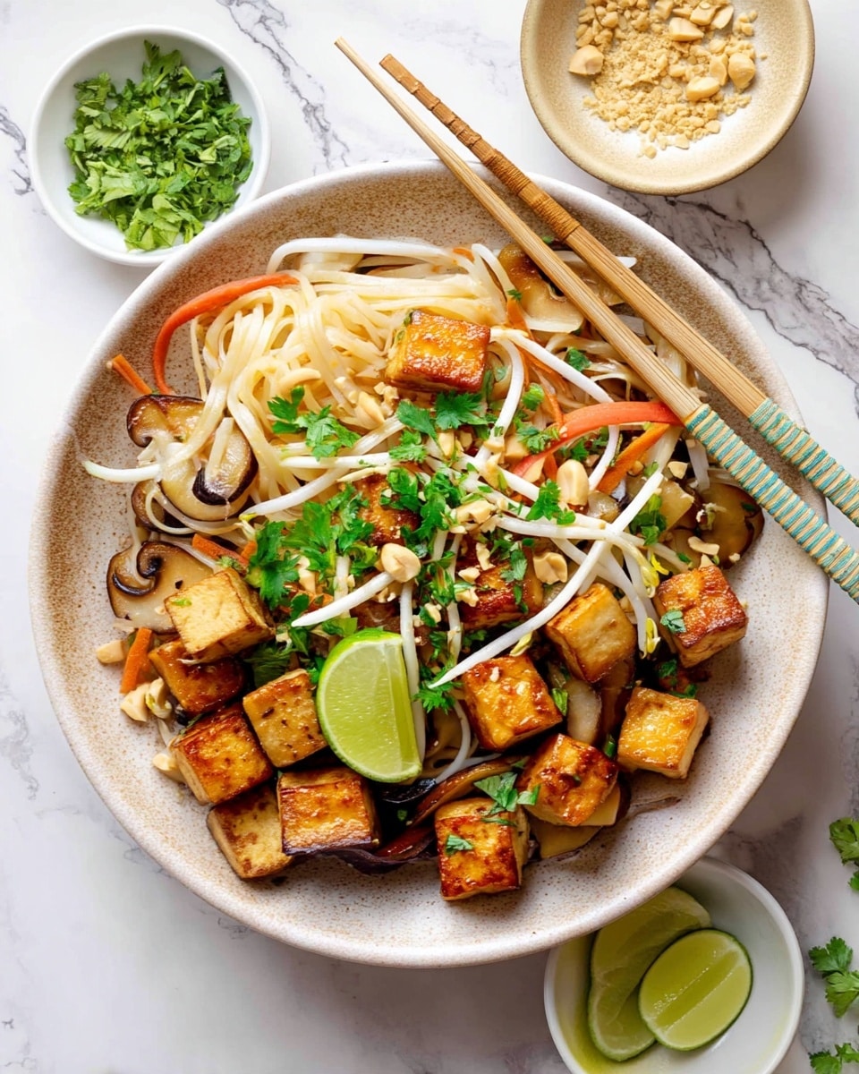 A bowl filled with cooked noodles forms the base layer, light beige in color with a smooth texture. Mixed within are thin orange carrot sticks and slender white bean sprouts that add brightness and crunch. Scattered on top are golden-brown tofu cubes with a crispy surface, along with dark brown mushroom slices showing a slightly shiny texture. Fresh green chopped cilantro and crushed peanuts are sprinkled over, offering lively green and light tan speckles. Two lime wedges, vibrant green with a juicy look, rest on the noodles, adding a fresh pop of color. The bowl is off-white, placed on a white marbled surface surrounded by small white bowls holding additional lime wedges, crushed peanuts, and chopped green herbs. A pair of wooden chopsticks with blue-green wrapped handles rests on the bowl edge. Photo taken with an iphone --ar 4:5 --v 7