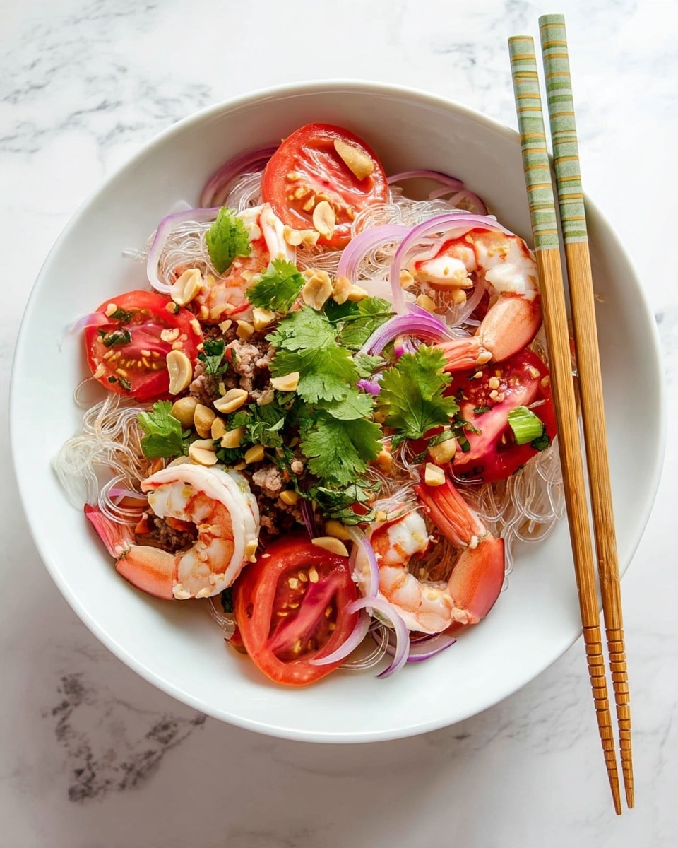 A large light gray bowl filled with a layered salad, starting with a base of light translucent glass noodles in the center, topped with medium pink cooked shrimp arranged on top and around the noodles. Bright green lettuce and cilantro leaves are scattered throughout, with slices of red tomato and thin, curved slices of purple onion adding color and texture. Small pieces of light brown ground meat and chopped peanuts add more layers, all set on a white marbled surface with small white bowls of shrimp and chopped green herbs in the background. Photo taken with an iphone --ar 4:5 --v 7