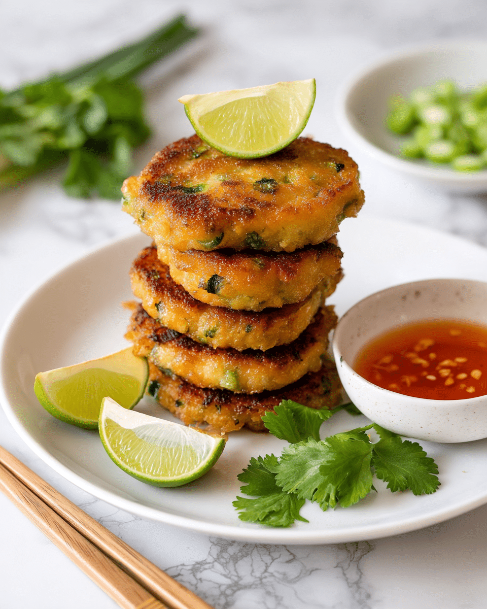 A white plate sits on a white marbled surface, holding six golden brown fried fish cakes with visible bits of green herbs and sliced green chili peppers inside. The cakes are arranged around a small round bowl placed near the top right of the plate, filled with bright red chili sauce dotted with chili seeds. The plate is garnished with fresh green cilantro leaves and wedges of light green lime placed between and on top of the cakes. Two wooden chopsticks rest on the left side of the plate. In the bottom right corner of the image, a green plate with additional lime wedges is partially visible. Photo taken with an iphone --ar 4:5 --v 7