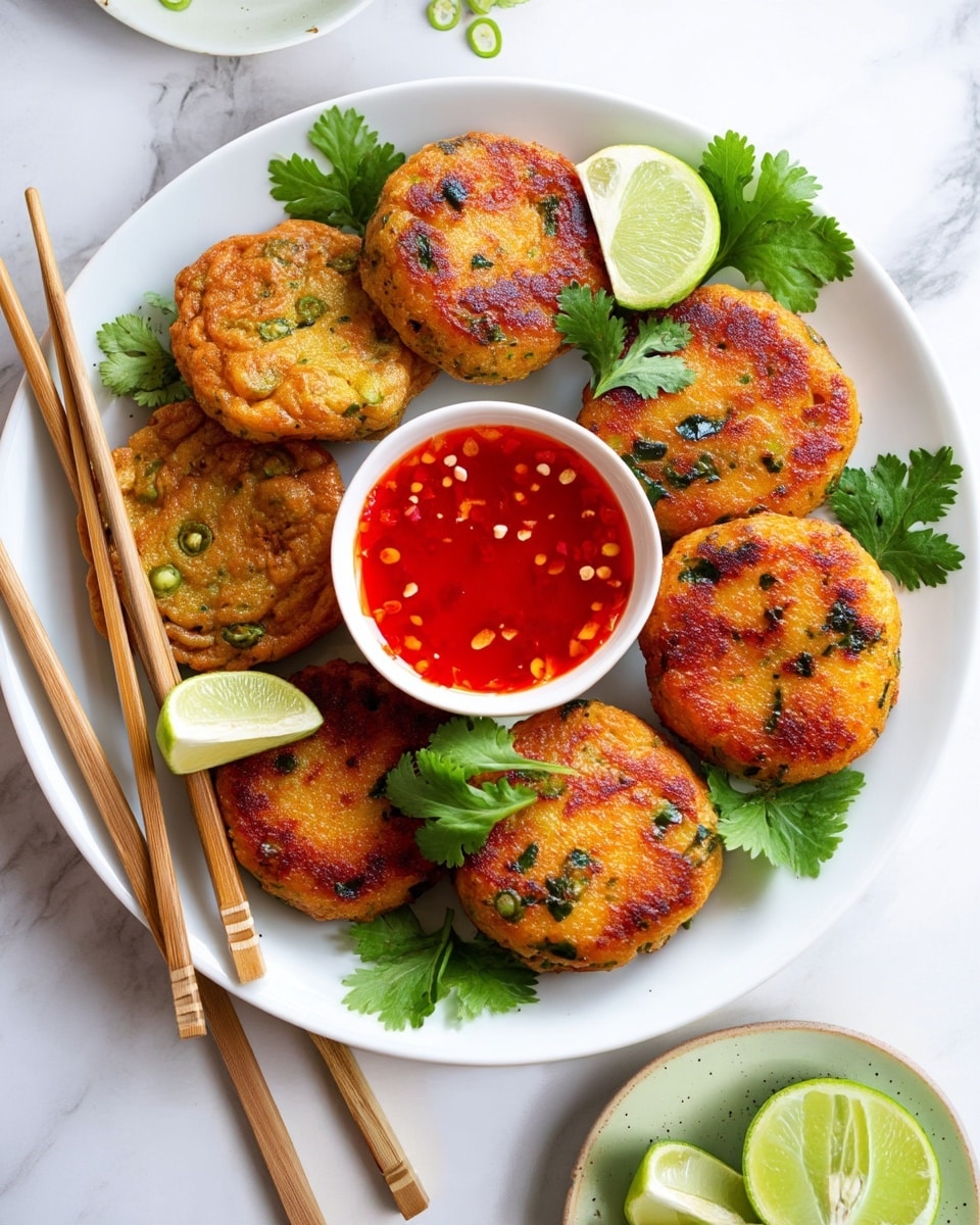 The image shows a white plate with a stack of six golden-brown fried patties, each round and slightly uneven in shape with visible green bits inside, suggesting chopped herbs or vegetables. The patties are arranged in two uneven layers centered on the plate. On top and around the patties are several lime wedges with bright green skins and pale green flesh. To the right edge of the plate sits a small round bowl filled with a reddish-orange dipping sauce. There are also a few sprigs of fresh green cilantro beside the sauce bowl. The plate is on a white marbled surface, and a pair of wooden chopsticks is placed diagonally below the plate. In the blurred background is a white bowl with chopped green onions. photo taken with an iphone --ar 4:5 --v 7