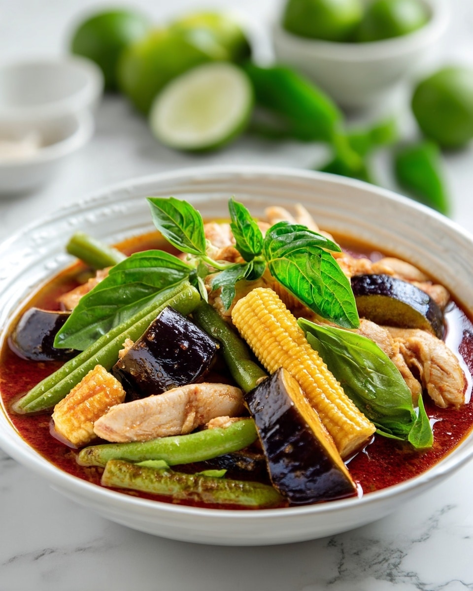 The dish is in a white bowl filled with a rich reddish-brown sauce base. On top, there are roughly four layers: first layer has green string beans scattered around; second layer has bright yellow baby corn standing upright; third layer has sliced light pink chicken pieces spread across; fourth layer includes dark purple eggplant chunks placed on the side. Fresh green basil leaves are placed on top as garnish. The bowl sits on a white marbled surface with blurred green limes and small white bowls in the background. Photo taken with an iphone --ar 4:5 --v 7