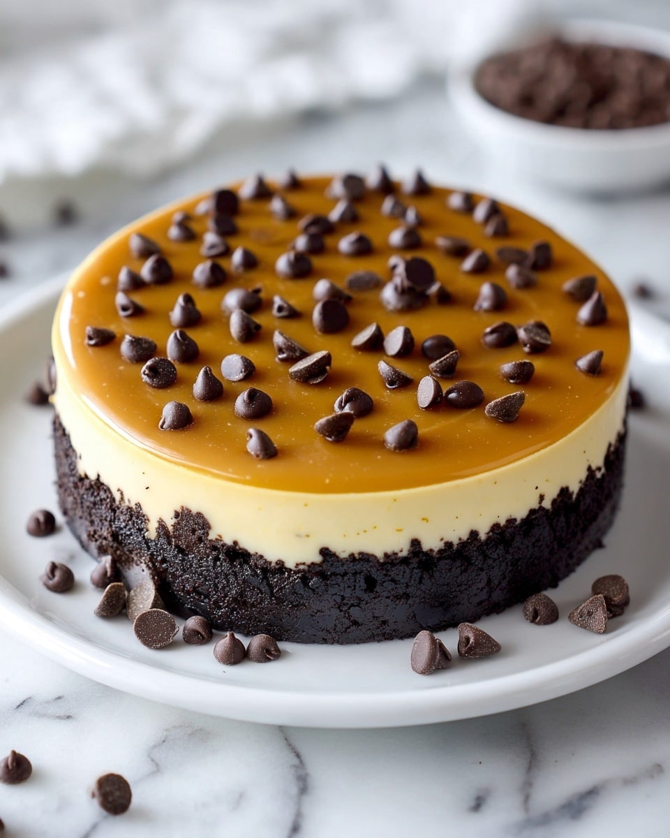 A three-layer round dessert standing on a white plate over a white marbled surface; the bottom layer is thick and crumbly dark chocolate cookie crust, the middle layer is smooth and creamy pale yellow cheesecake, and the top layer is a glossy caramel-colored glaze sprinkled with scattered dark chocolate chips. Some chocolate chips are also resting on the white plate around the dessert. Photo taken with an iphone --ar 4:5 --v 7