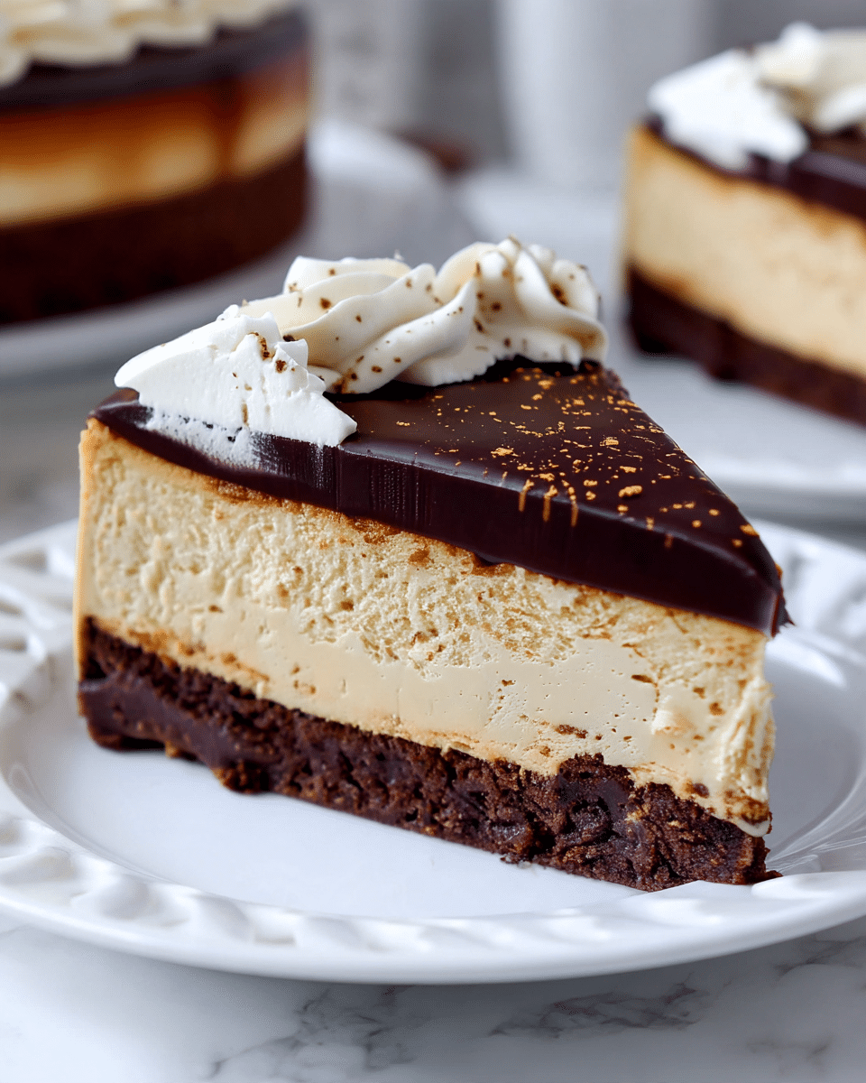 A close-up of a slice of a three-layered cake on a white plate, set on a white marbled surface. The bottom layer is dark brown with a rough texture, looking like a dense brownie base. The middle layer is thick, light beige, and smooth, resembling a creamy coffee or caramel mousse. The top layer is a dark glossy chocolate ganache, dusted lightly with cocoa powder. On top, there are swirls of white whipped cream with small chocolate specks. In the blurred background, part of the whole cake can be seen with similar layers and whipped cream on top. Photo taken with an iphone --ar 4:5 --v 7