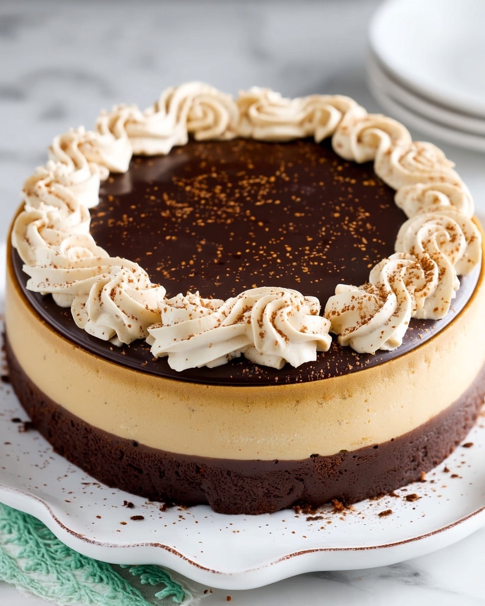 A three-layer round dessert sits on a white plate with a slightly decorative edge; the bottom layer is dark brown and crumbly, resembling a chocolate crust, the middle layer is smooth and light beige, like a creamy filling, and the top layer is a shiny dark chocolate ganache sprinkled with fine brown powder. Around the edge of the top layer is a ring of light beige whipped cream swirled in a decorative pattern, also dusted lightly with brown powder. The whole setup is placed on a white marbled surface. Photo taken with an iphone --ar 4:5 --v 7