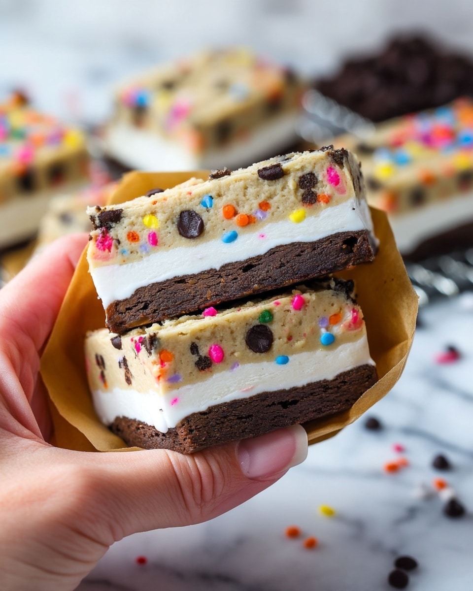 A close-up image showing a layered dessert bar held by a woman's hand wrapped partially in brown parchment paper. The dessert has three visible layers: the top layer is thick and beige with a soft texture, studded with small dark chocolate chips and colorful round sprinkles in pink, yellow, blue, orange, and green. The middle layer is white and smooth, resembling marshmallow or cream, while the bottom layer is dark brown, dense, and fudgy like brownie. The background is a white marbled surface, with more pieces of the dessert and a metal cooling rack blurred behind. photo taken with an iphone --ar 4:5 --v 7