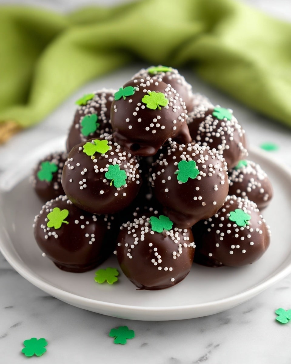 A pile of shiny dark chocolate balls covered with small white round sprinkles are stacked closely on a white plate. Each chocolate ball is smooth and round with a glossy texture, with a few bright green four-leaf clover shaped sprinkles scattered on top and around the plate. The plate is placed on a white marbled textured surface with a blurred green cloth in the background. photo taken with an iphone --ar 4:5 --v 7