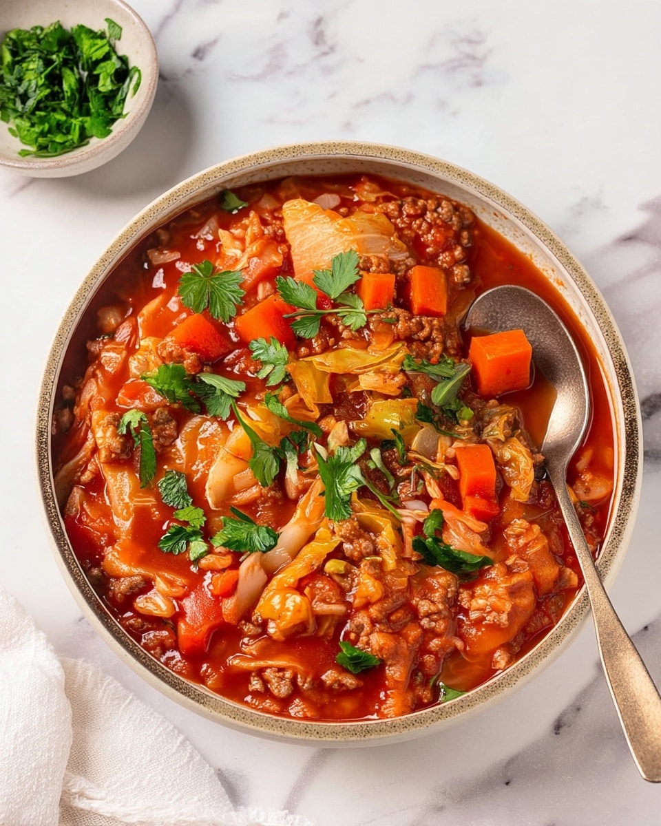 A large white bowl with a beige rim holds a thick stew-like dish with four visible layers of ingredients: a rich red-orange tomato sauce base, soft brown ground meat mixed throughout, chunky bright orange carrot pieces sitting on top, and light yellow cabbage strips scattered on the surface. The dish is sprinkled with small green cilantro leaves for color. A large silver spoon rests on the edge of the bowl, partially submerged in the stew. The bowl sits on a white marbled surface next to a small white bowl with chopped green herbs and a soft white cloth napkin. photo taken with an iphone --ar 4:5 --v 7