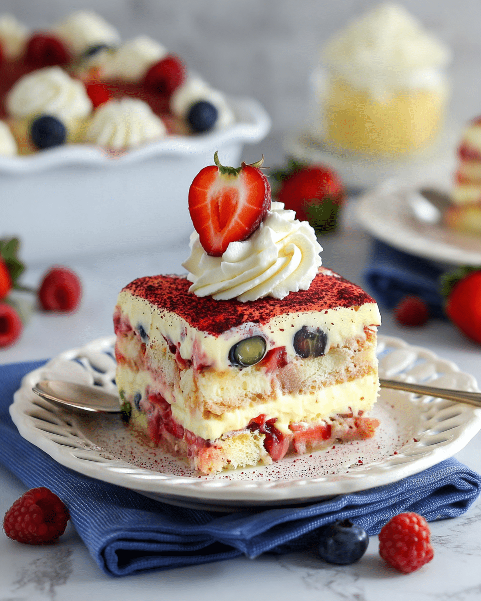 A square slice of layered dessert featuring three main layers: the bottom layer is a light beige sponge cake soaked with red berry juice and studded with blueberries and raspberries, the middle layer is a thick creamy yellow custard with broken fruit pieces mixed in, and the top layer is another soaked sponge cake topped with a smooth yellowish cream dusted with fine red powder. On top sits a generous swirl of white whipped cream crowned by a fresh half strawberry with a green stem. The dessert is placed on a white plate with a subtle lace edge, resting on a blue cloth on a white marbled surface. In the background, a white dish holds more of the dessert decorated with white whipped cream and berries. photo taken with an iphone --ar 4:5 --v 7