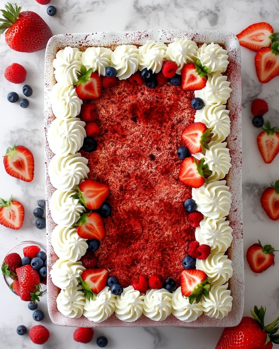 The image shows a rectangular dessert with two main layers: a smooth, red powder-covered base that fills the whole tray, and a border of white whipped cream swirls piped evenly along the edges. Fresh fruit is arranged decoratively on the whipped cream, including halved bright red strawberries with green tops, small dark blue blueberries, and whole red raspberries. The dessert is set on a white marbled surface, with some sliced strawberries and scattered berries around it, adding a fresh and colorful touch. Photo taken with an iphone --ar 4:5 --v 7