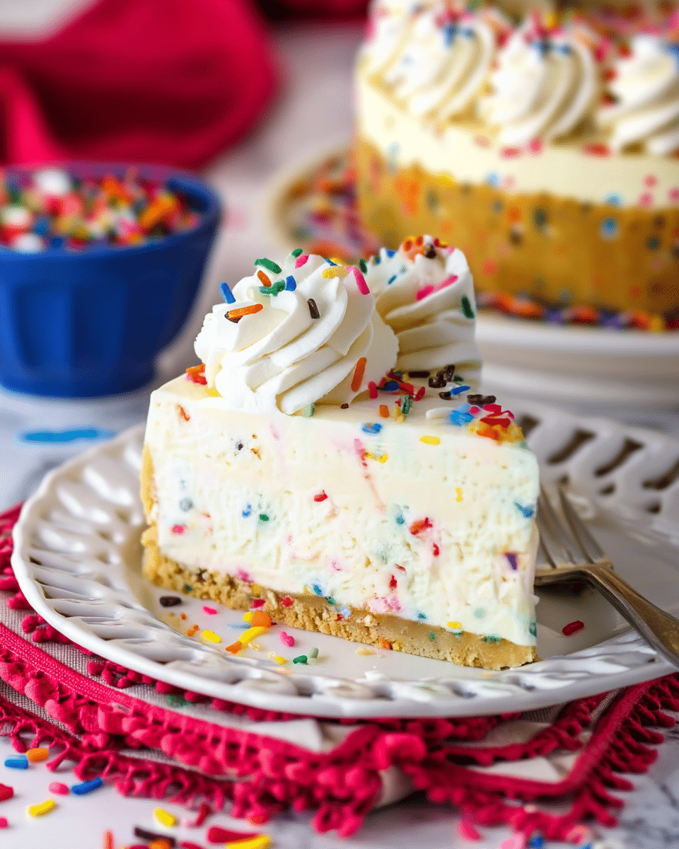 A slice of a two-layer cake is shown, with the bottom layer being a light brown crumbly crust, and the top layer a thick, creamy white cheesecake mixed with colorful sprinkles. On top, there are two swirls of white whipped cream, also decorated with sprinkles in various bright colors like green, red, yellow, blue, and orange. The slice is placed on a white plate with a textured edge, set on a red cloth with a looped fringe, all on a white marbled surface. In the background, there is a blurred larger cake with the same layers and sprinkles, and a blue bowl filled with more colorful sprinkles. Photo taken with an iphone --ar 4:5 --v 7