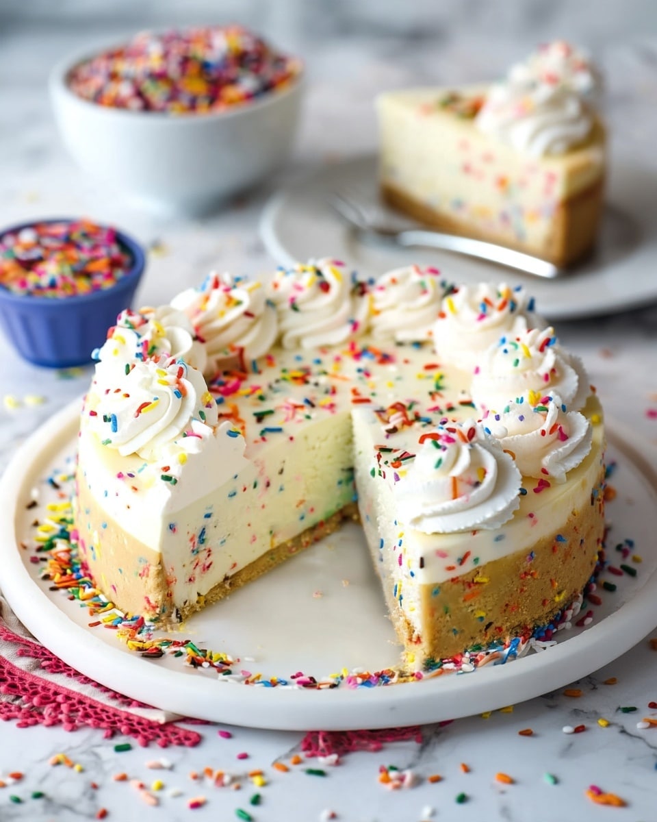 A three-layered cake is shown with a crumbly light brown base layer, a thick middle layer of creamy white cheesecake filled with small colorful sprinkles throughout, and a smooth white top layer covered with more sprinkles. Around the edge of the top layer are dollops of white whipped cream decorated with scattered multicolored sprinkles. The cake is on a round white plate, which sits on a white marbled surface with some sprinkles spilled around it. In the background, a white bowl filled with multicolored sprinkles is slightly blurred. Photo taken with an iphone --ar 4:5 --v 7