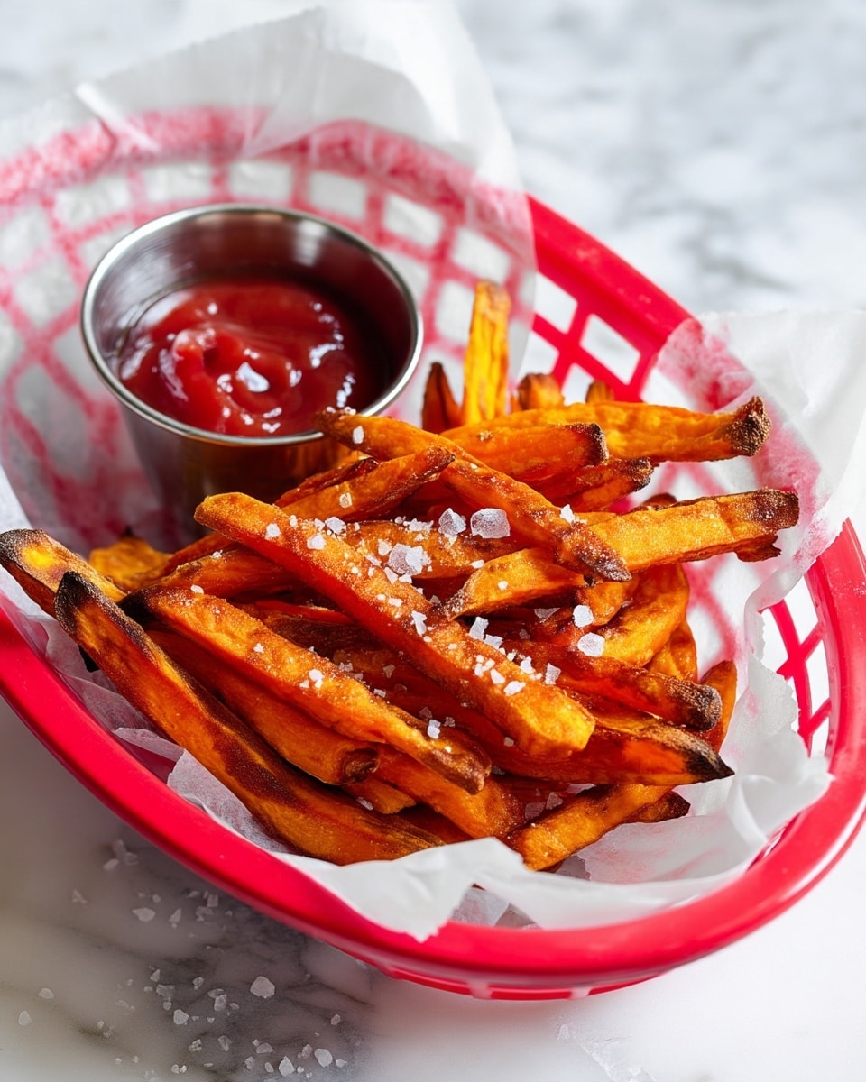 A red basket lined with white parchment paper holds a pile of golden-orange sweet potato fries that have slight charred edges and are sprinkled with coarse sea salt. Nestled beside the fries inside the basket is a small shiny metal cup filled with thick, glossy red ketchup. The whole scene is set on a white marbled surface. photo taken with an iphone --ar 4:5 --v 7