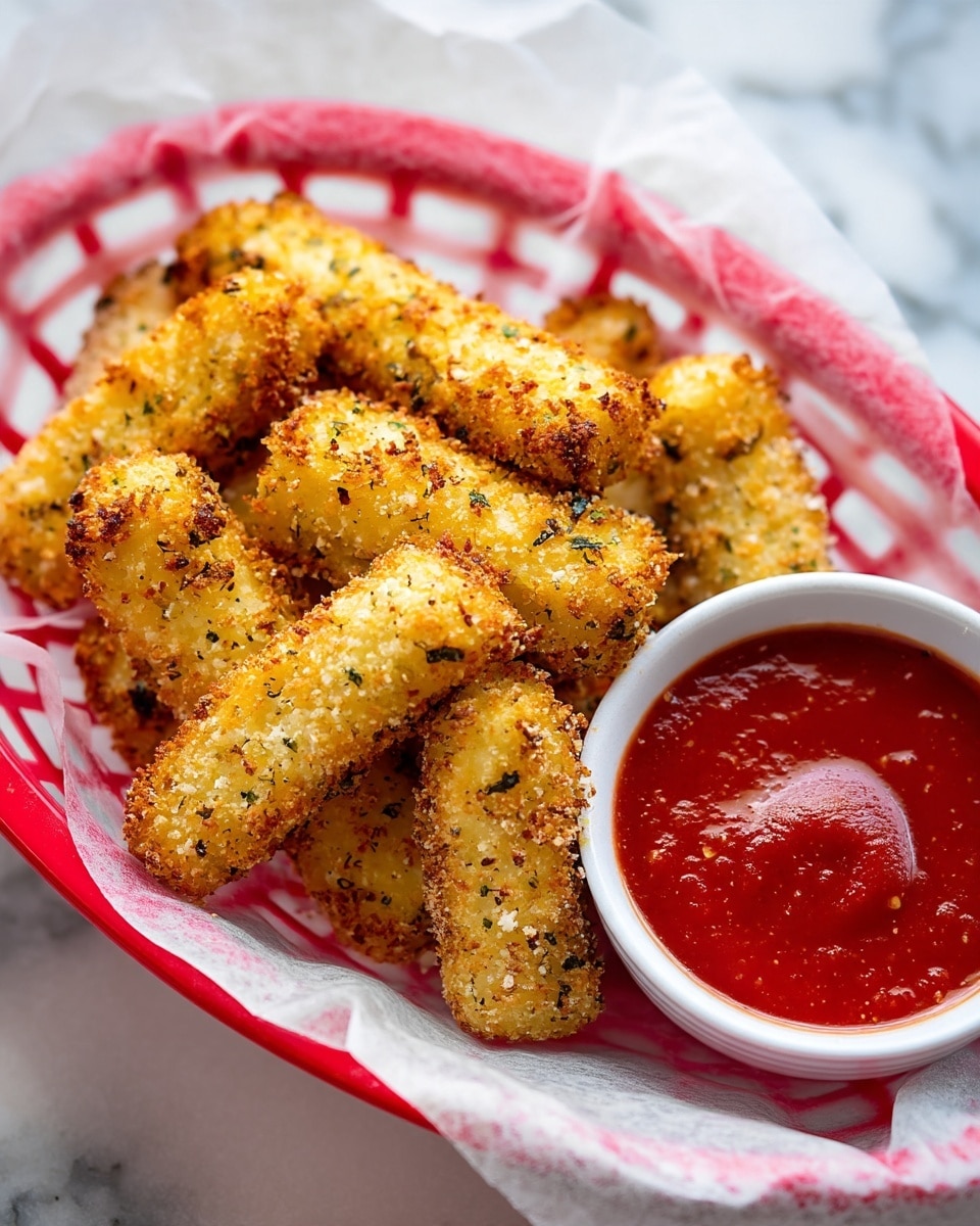A basket lined with white wax paper holds a pile of golden, crispy breaded sticks coated in seasoned breadcrumbs with specks of herbs and spices visible. The sticks are arranged in layers, laying close to each other with a rough texture from the coating. At the bottom right, there is a small white bowl filled with a smooth, bright red dipping sauce that looks thick and rich. The basket itself is red, and the whole setup is placed on a white marbled surface. photo taken with an iphone --ar 4:5 --v 7
