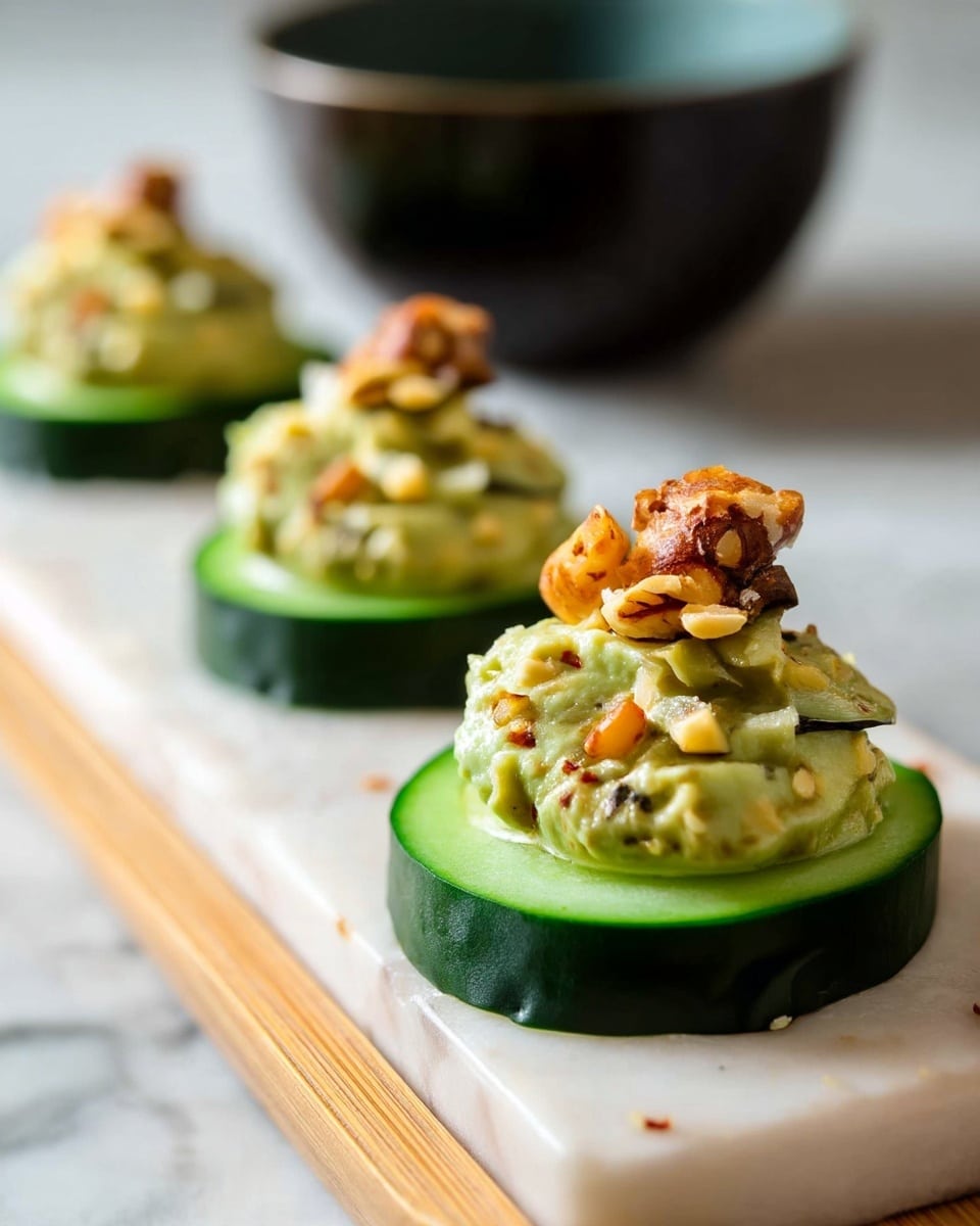 The image shows a close-up of small appetizers with three layers placed on a white marbled surface. The bottom layer is a thick, round slice of dark green cucumber with a smooth, moist texture. On top of the cucumber sits a dollop of creamy, pale green avocado mixture with bits of chopped nuts and spices mixed inside. The top layer is a small cluster of crunchy, light brown nut pieces sprinkled over the avocado. The appetizers are arranged in a line on a light wooden tray, and a blurred black bowl sits in the background. Photo taken with an iphone --ar 4:5 --v 7