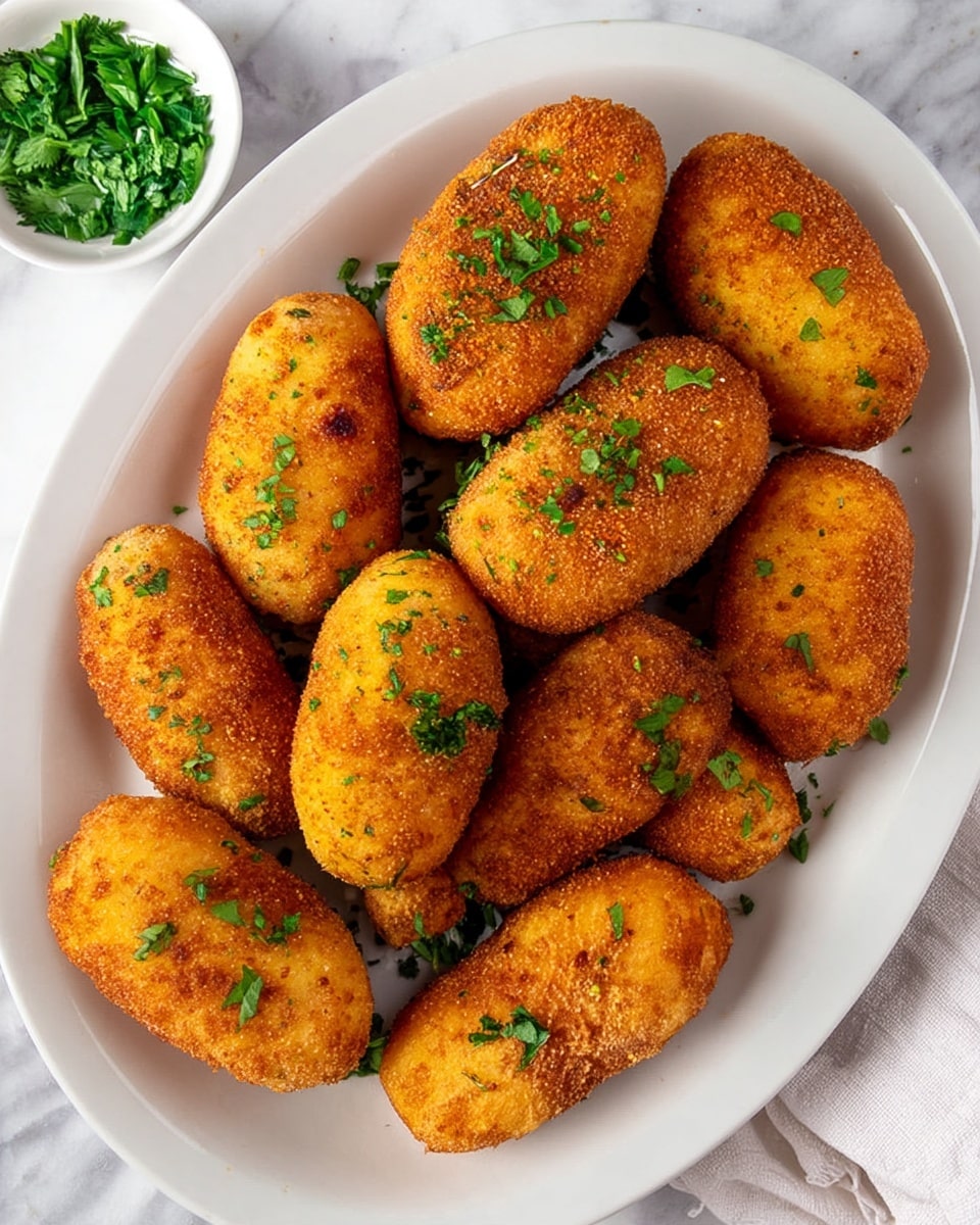A white plate is full of golden-brown, oval-shaped croquettes arranged close to each other. Each croquette has a crispy, crumb-coated exterior with a rough texture and is topped with small green parsley pieces scattered evenly. In the top left corner, part of a small white bowl filled with chopped green herbs is visible. The setting is on a white marbled surface with a soft cloth partially visible at the bottom corner. photo taken with an iphone --ar 4:5 --v 7