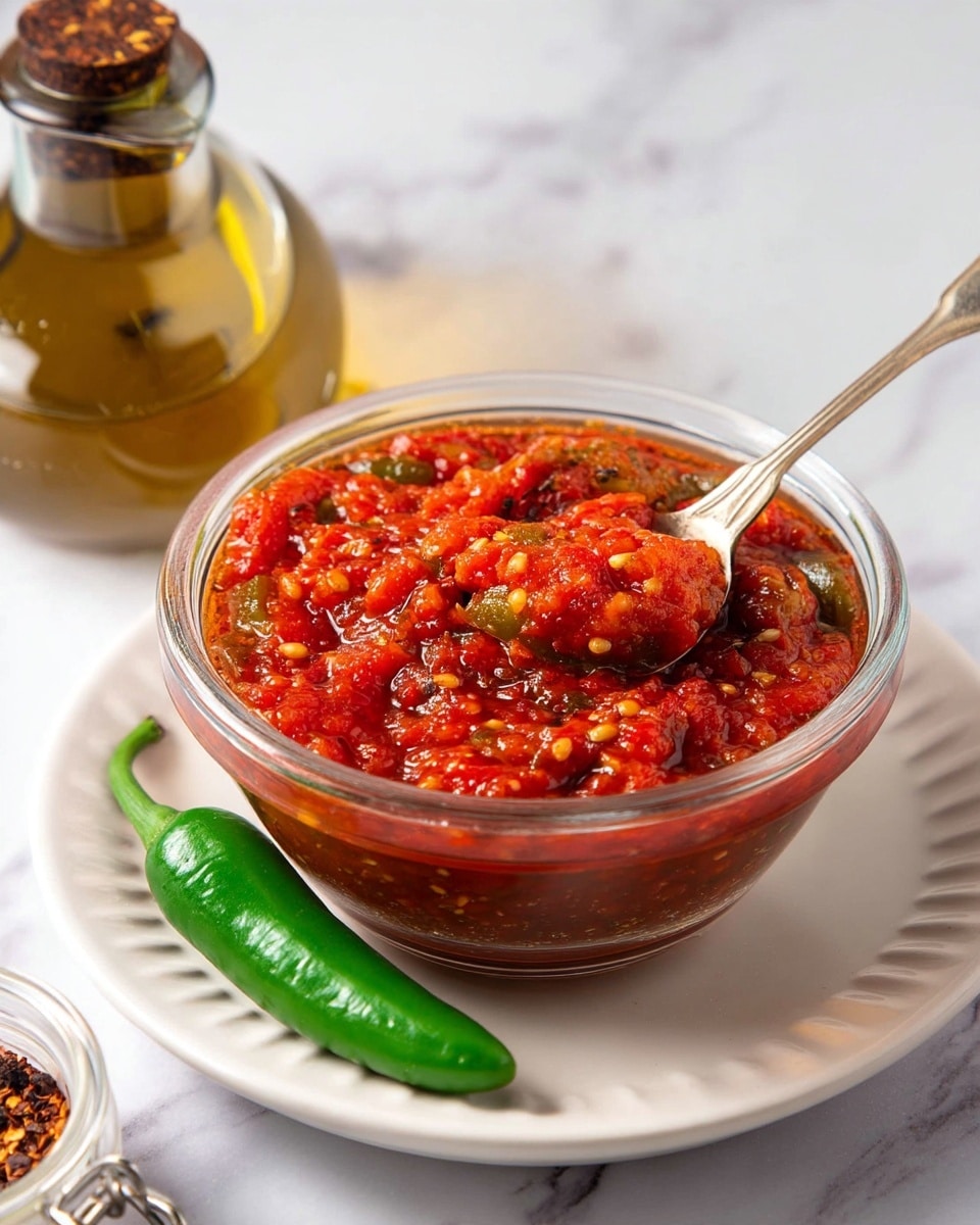 A glass bowl filled with chunky red sauce made of finely chopped tomatoes and green peppers, showing a thick, slightly oily texture with visible seeds and small vegetable pieces. The bowl sits on a white plate with subtle ridges around the edge, placed on a white marbled surface. A silver spoon is partially dipped into the sauce, angled to the right. Nearby, there is a whole green chili pepper on the surface and a bottle of golden olive oil with a cork stopper partially visible on the upper left, along with a glass jar holding crushed dried chili flakes at the bottom left. photo taken with an iphone --ar 4:5 --v 7