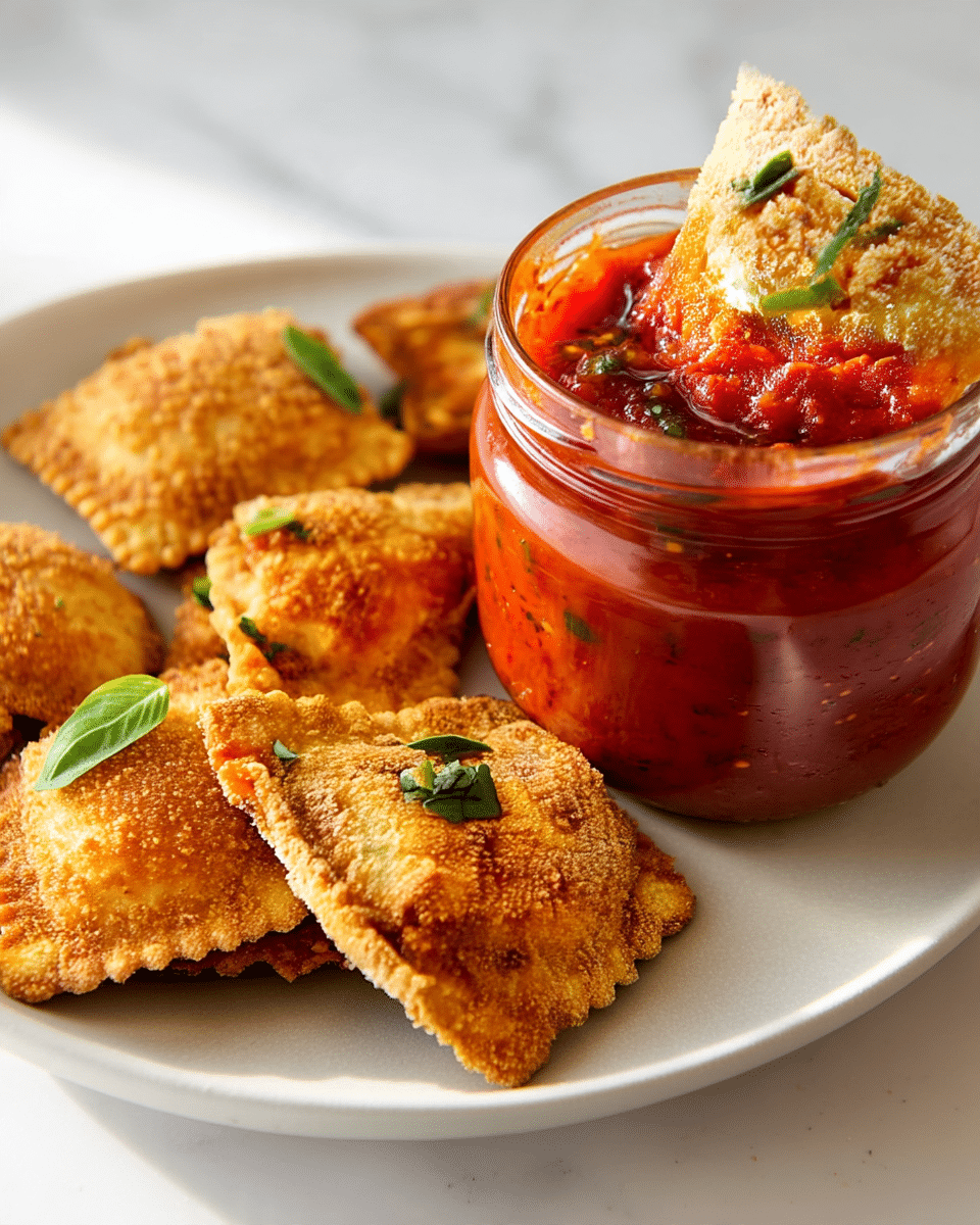 A white plate holds several rectangular golden-brown crispy fried ravioli pieces, each topped with small green herb leaves. In the foreground, a clear glass jar filled with chunky red marinara sauce sits on the plate. One ravioli piece is partially dipped into the marinara, showing its crumbly texture and the chunky red sauce coating its lower half. The scene is set on a white marbled surface with soft natural light highlighting the crispy texture and vibrant colors. Photo taken with an iphone --ar 4:5 --v 7